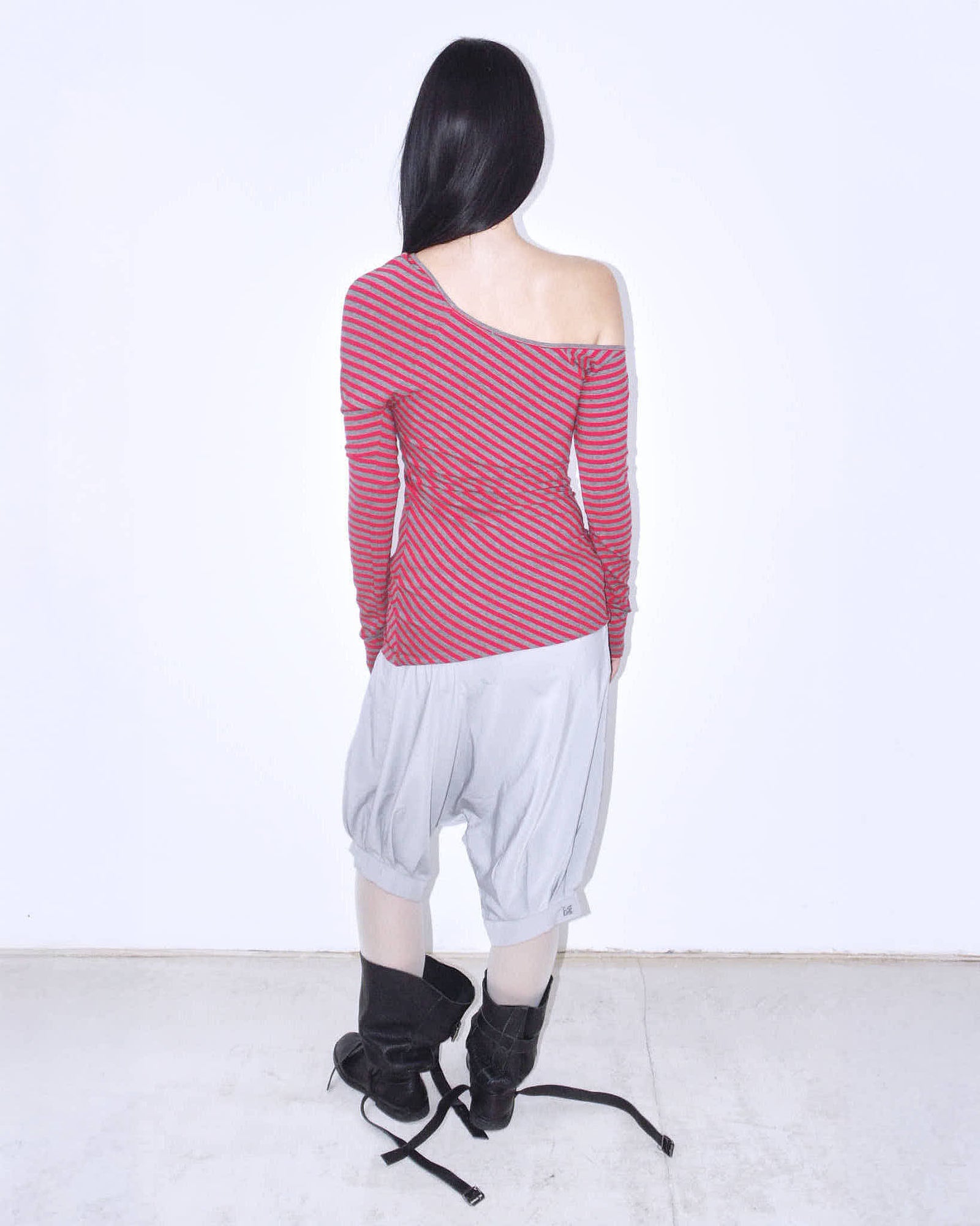 red & gray striped one-shoulder asymmetric long sleeve top