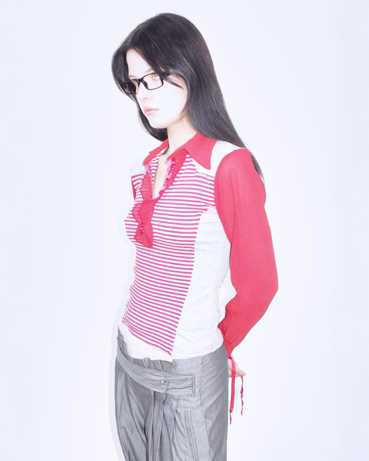 red and gray striped long sleeve top