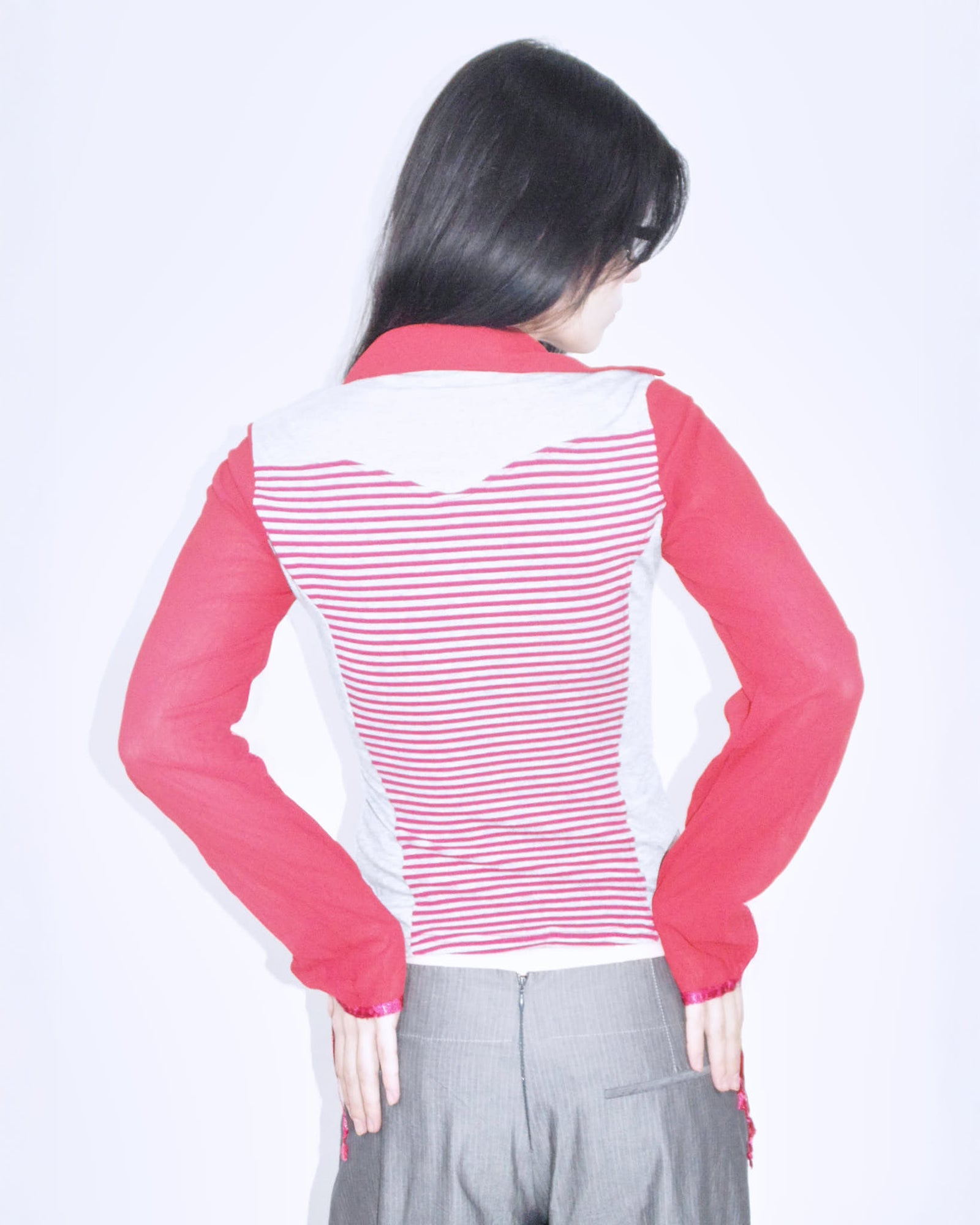 red and gray striped long sleeve top