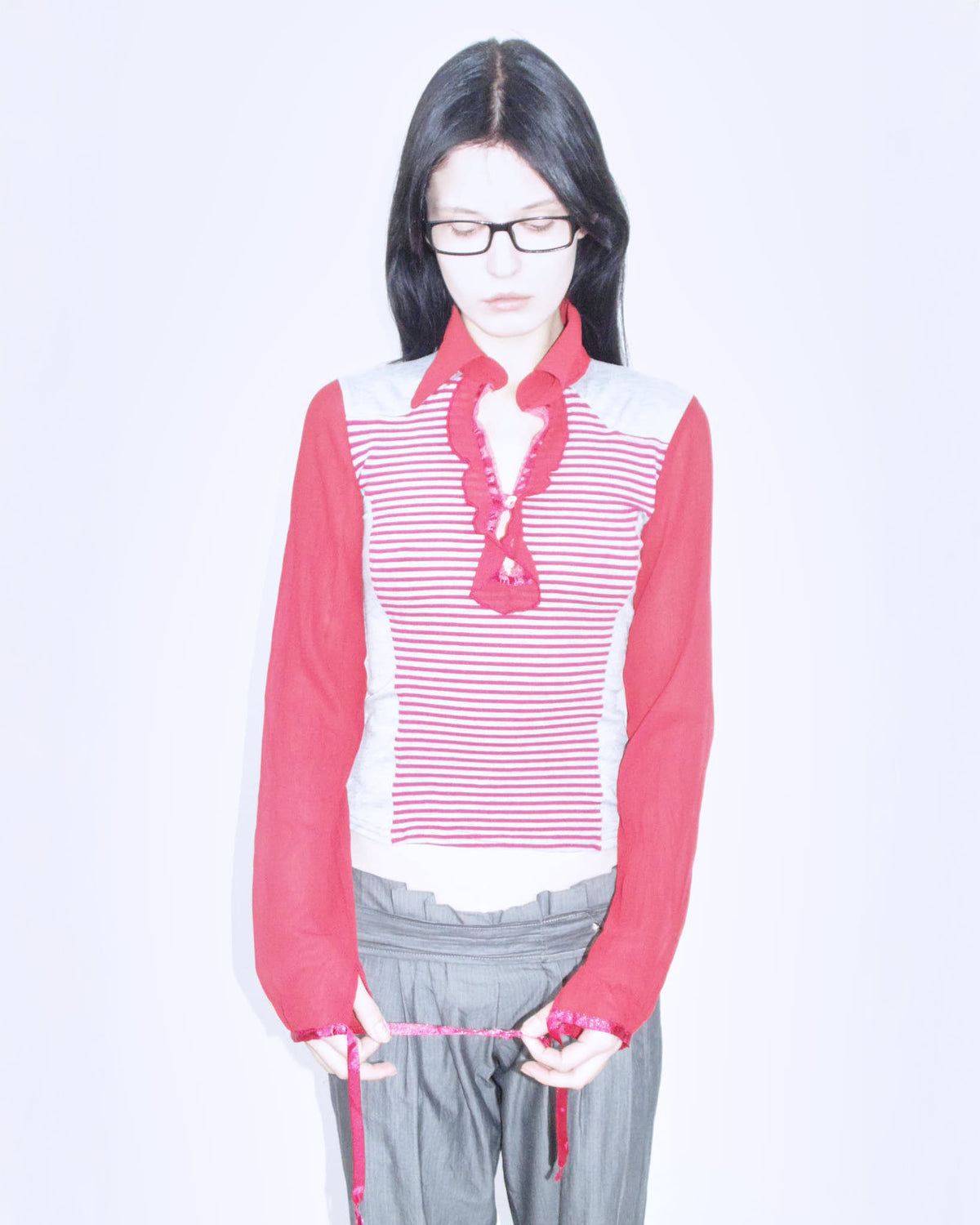 red and gray striped long sleeve top