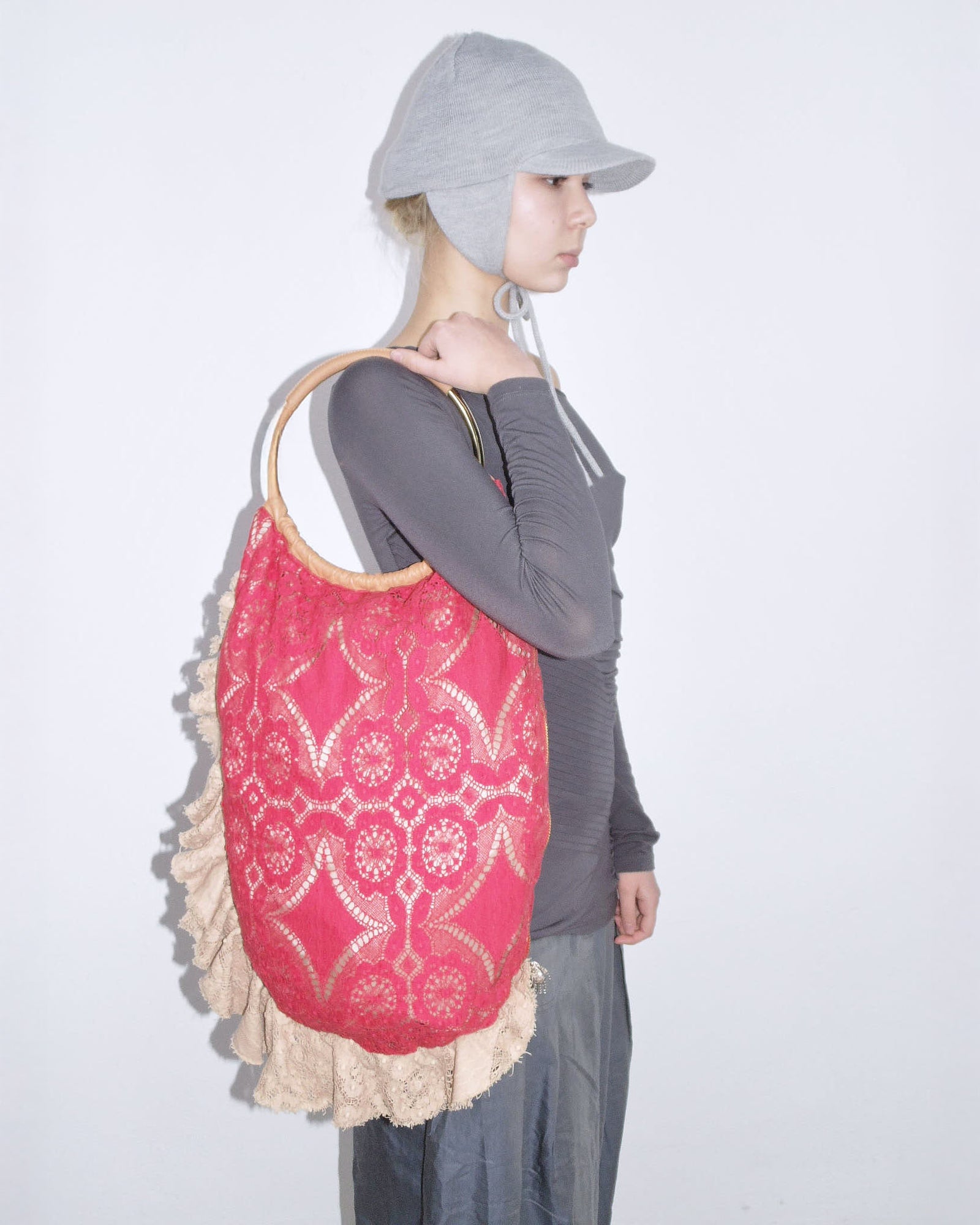 red lace handle bag