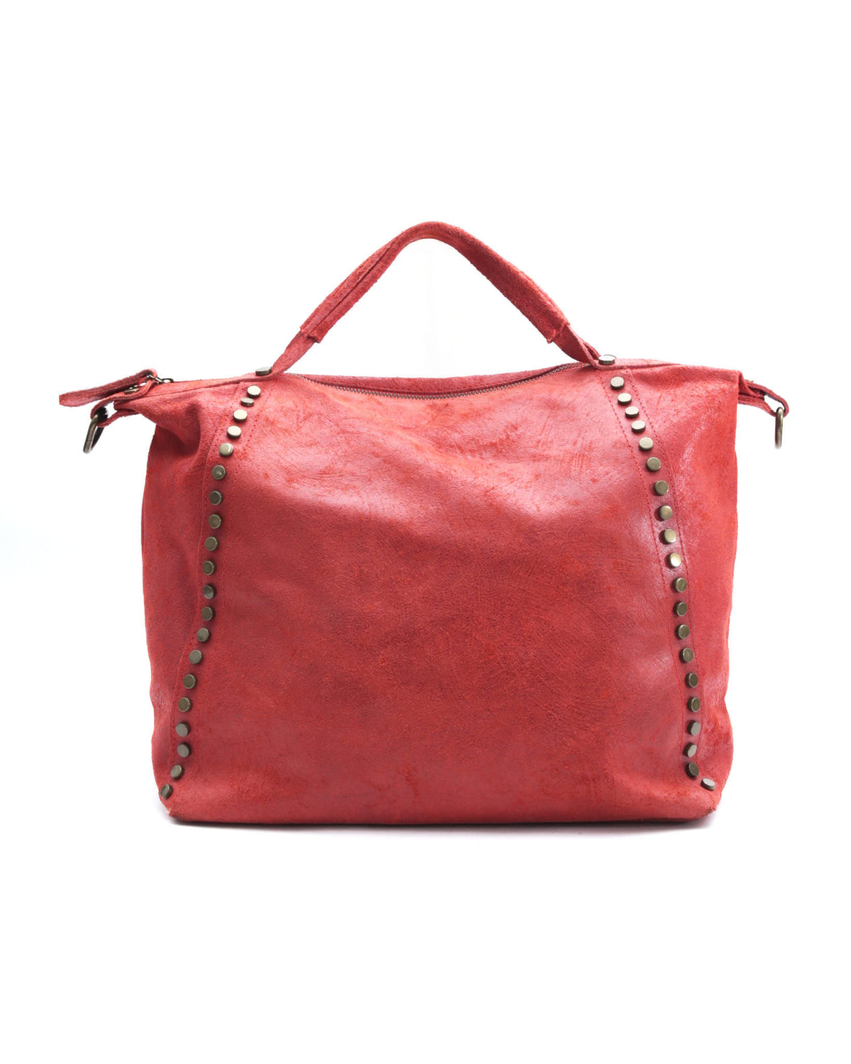 red studded leather tote bag