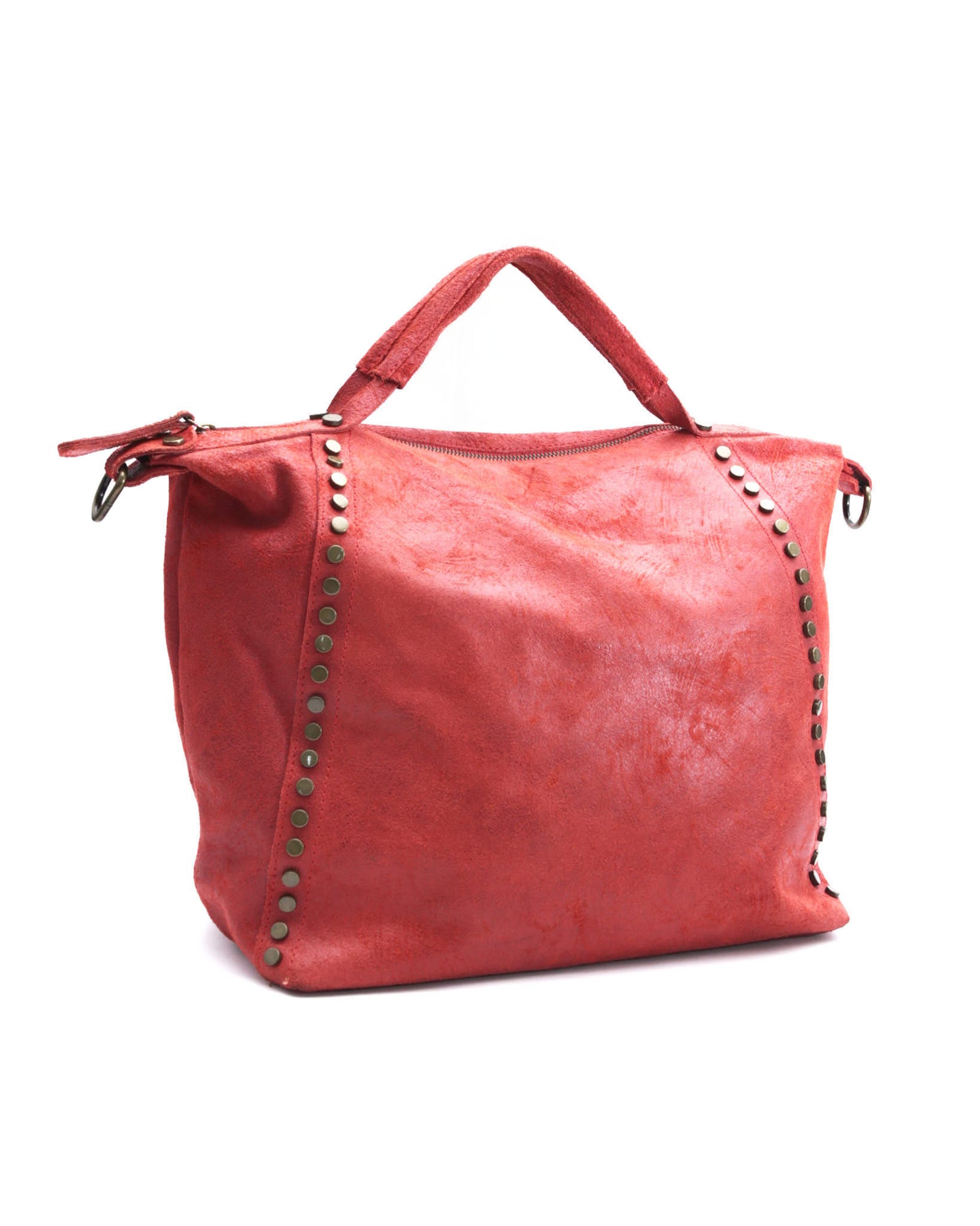red studded leather tote bag