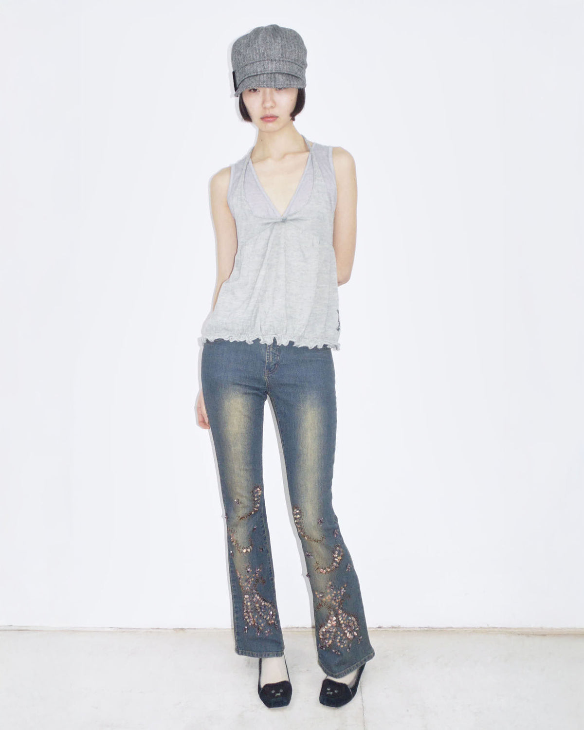 washed flared detailed denim pants