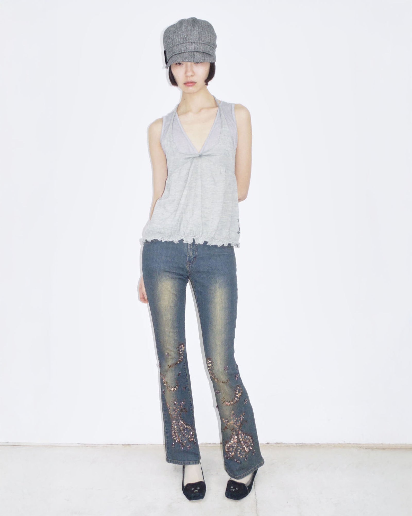 washed flared detailed denim pants