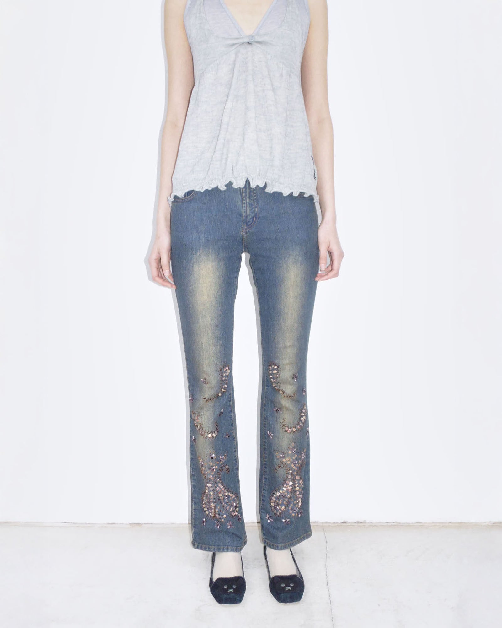 washed flared detailed denim pants
