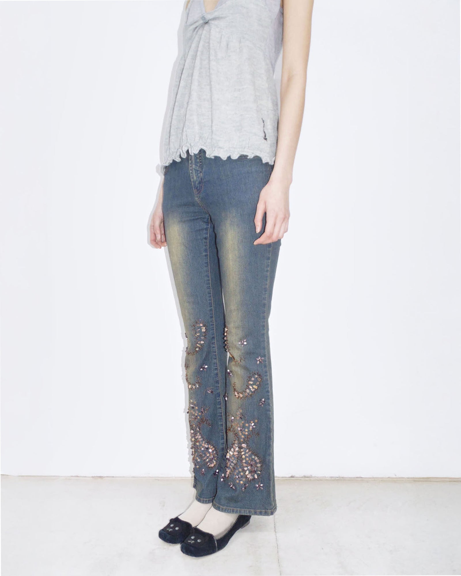 washed flared detailed denim pants