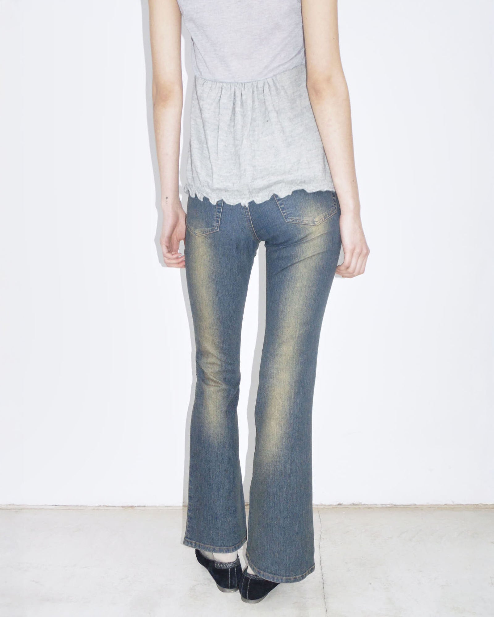 washed flared detailed denim pants