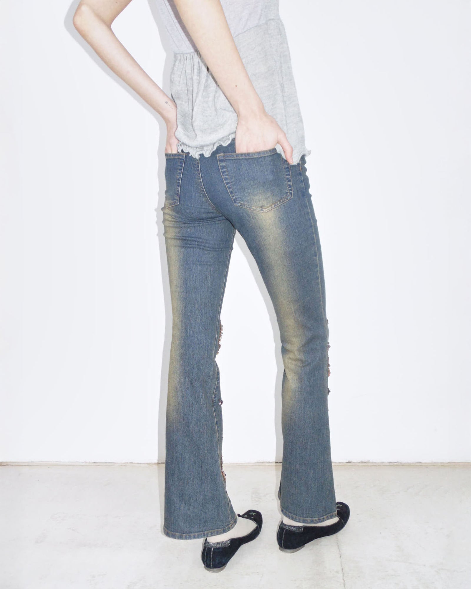 washed flared detailed denim pants