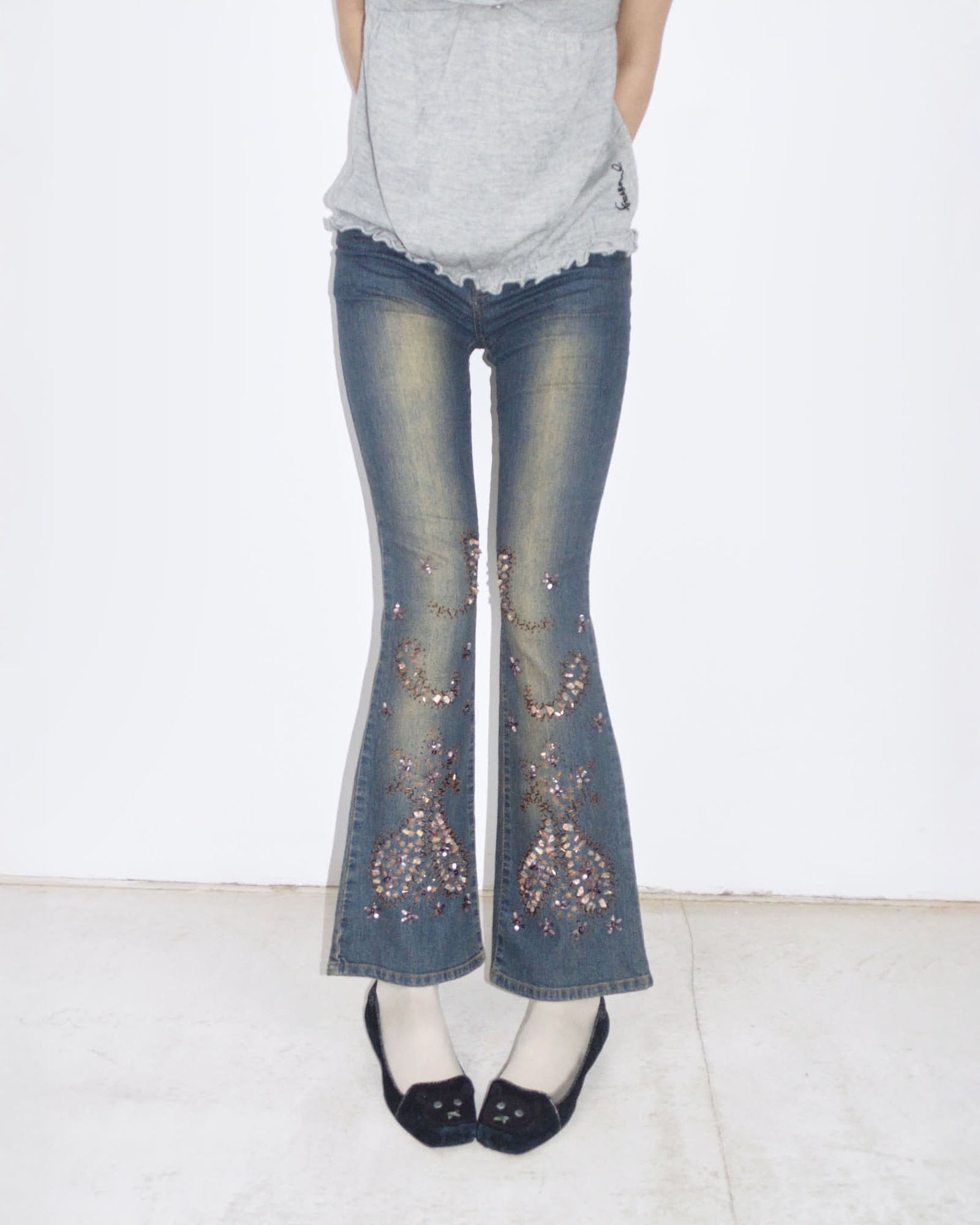 washed flared detailed denim pants