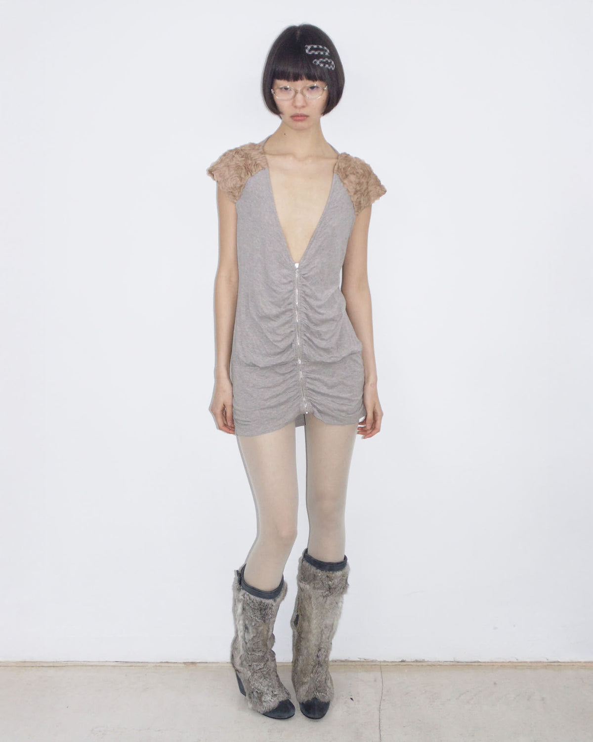slouchy zipper mini dress with light brown flower details