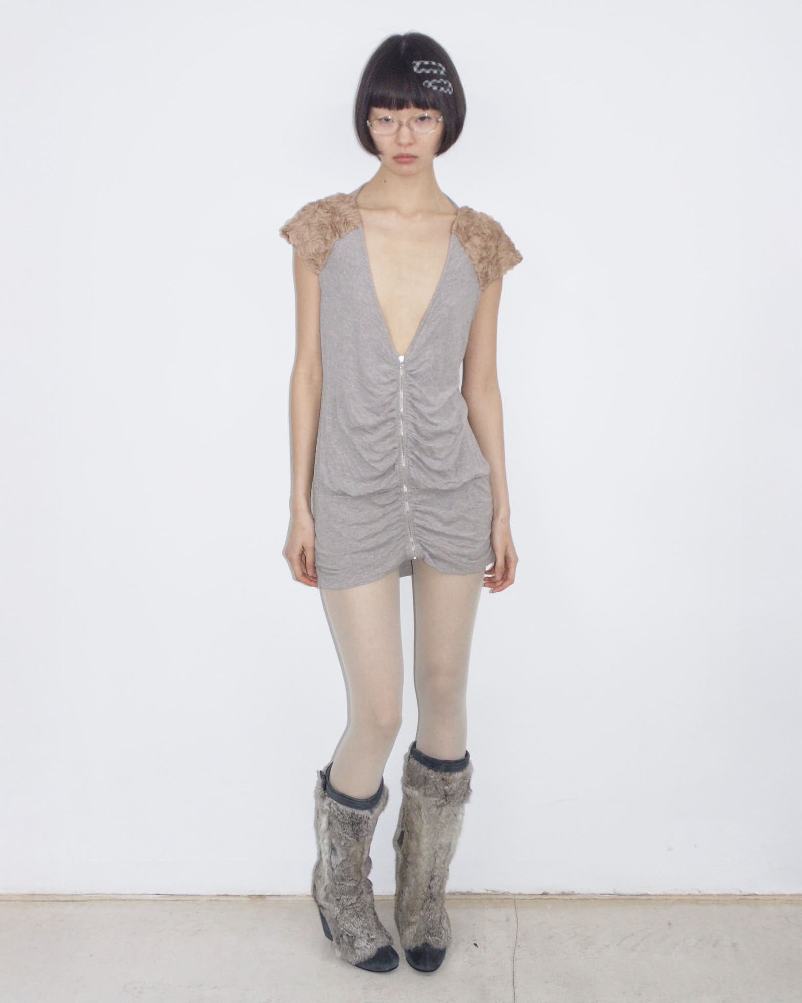 slouchy zipper mini dress with light brown flower details