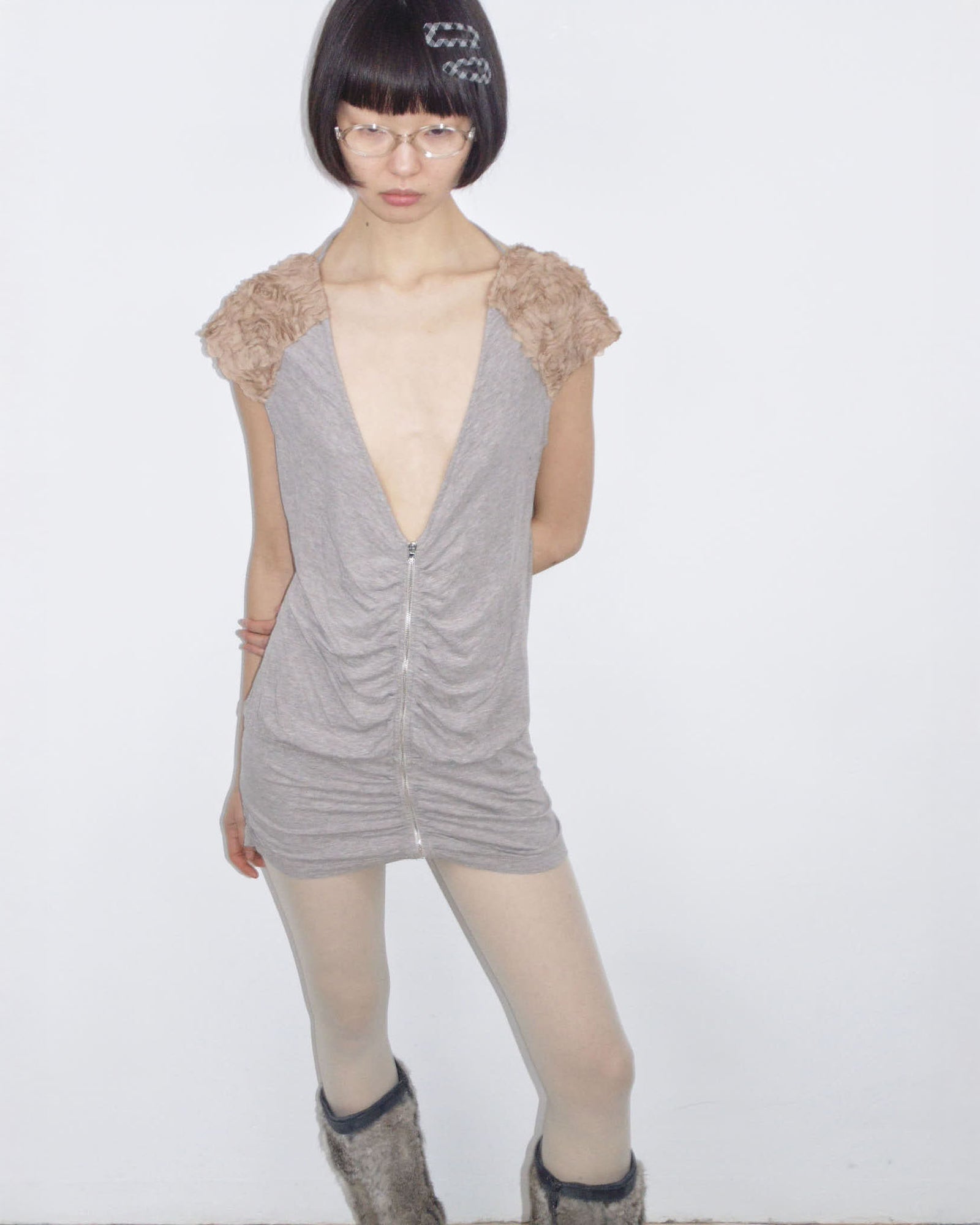 slouchy zipper mini dress with light brown flower details