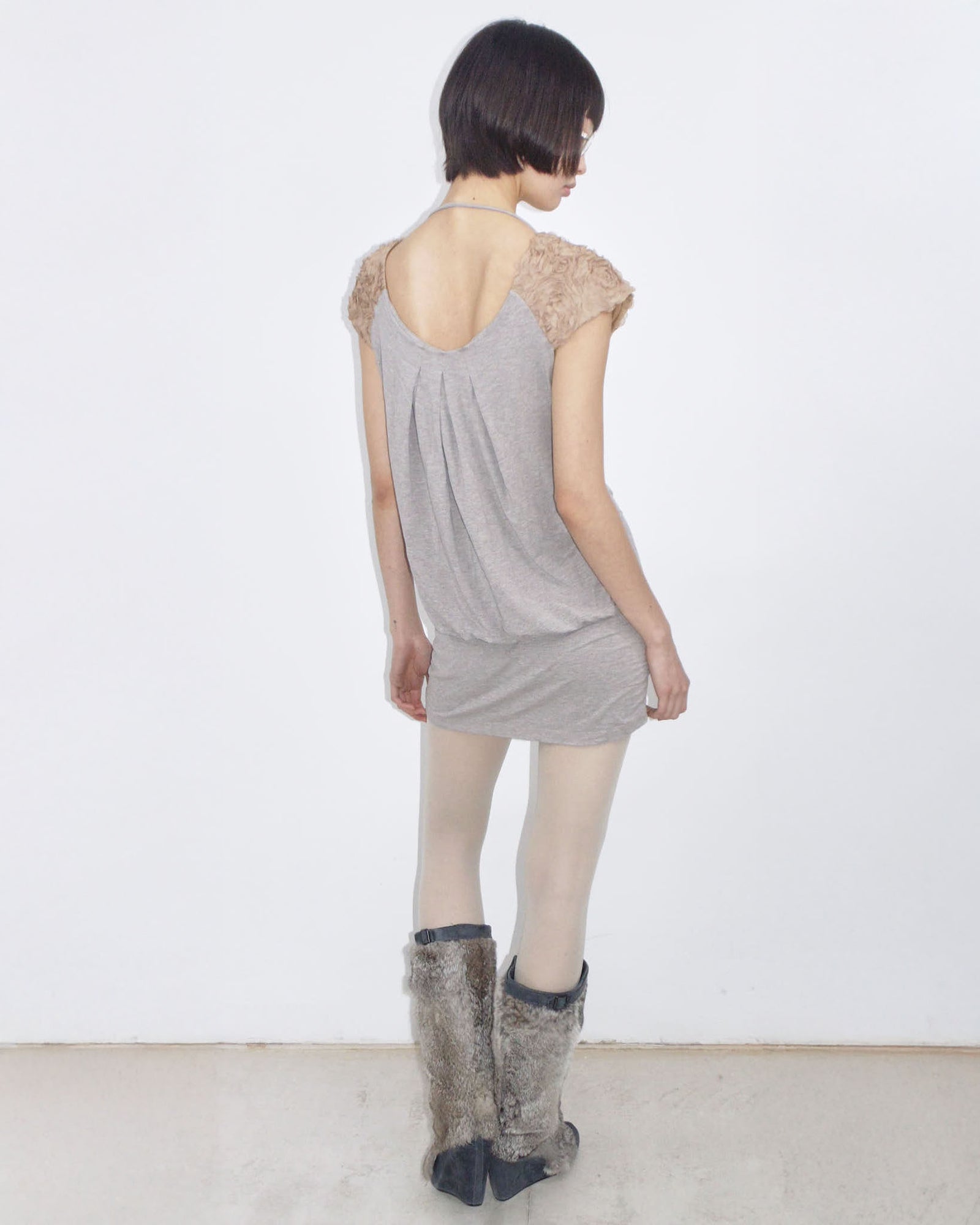 slouchy zipper mini dress with light brown flower details