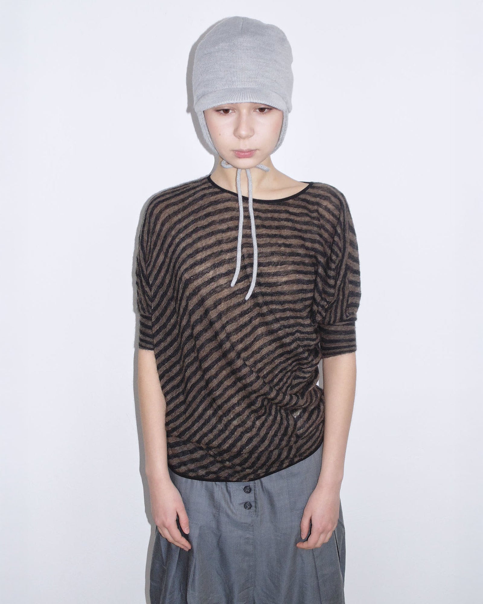 striped brown & black asymmetrical mohair top