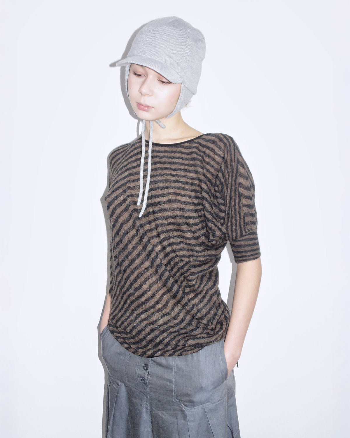 striped brown & black asymmetrical mohair top