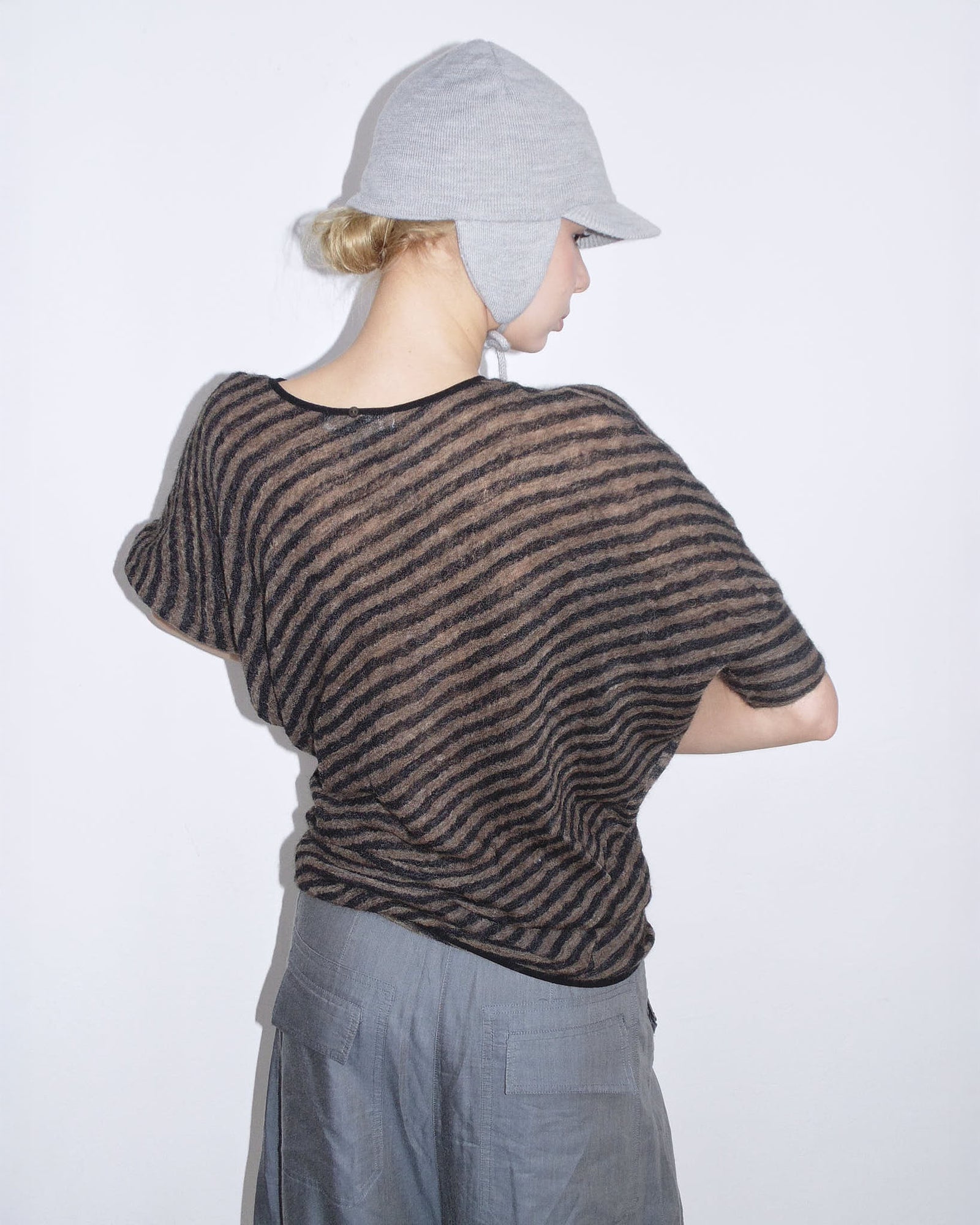 striped brown & black asymmetrical mohair top