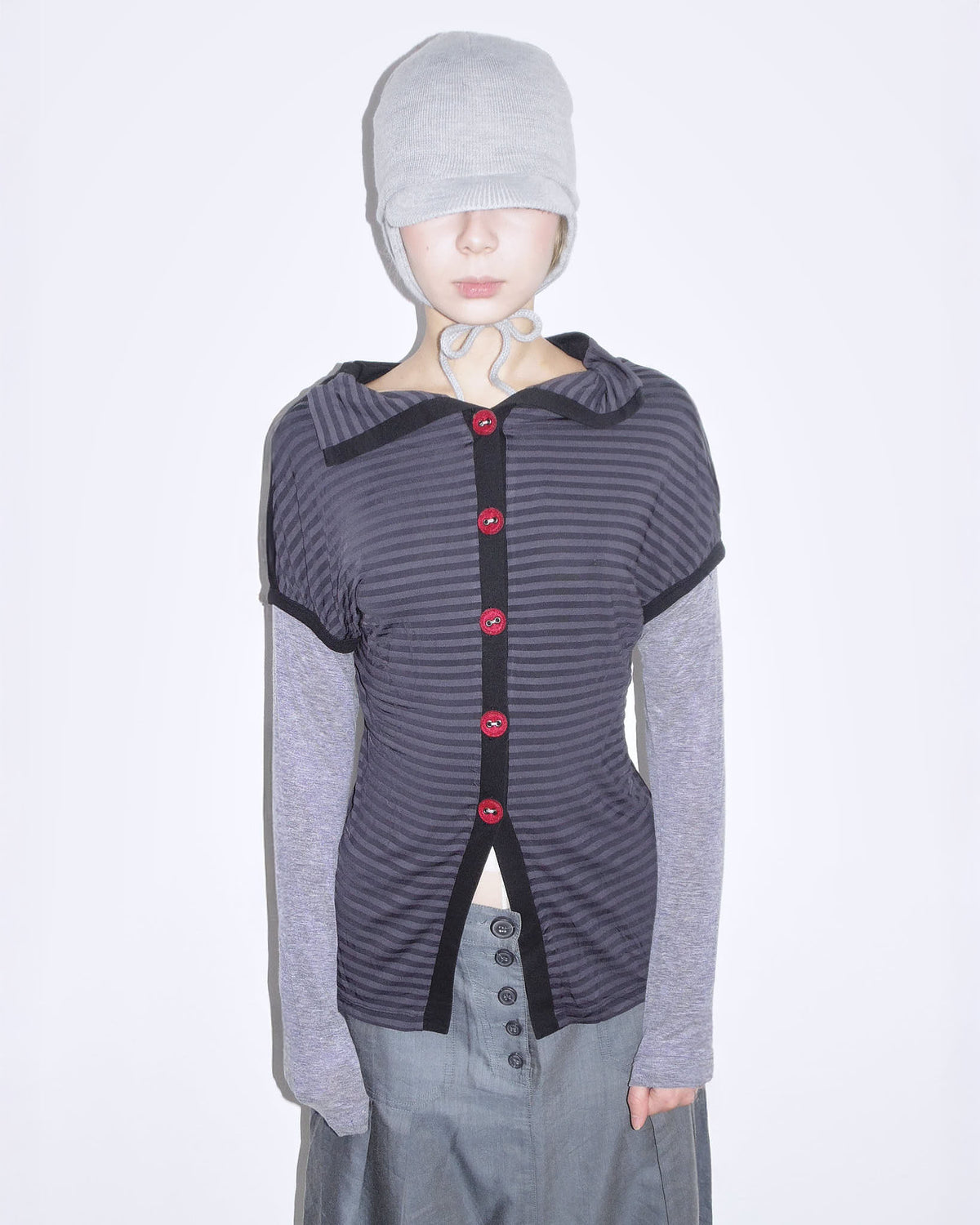 striped double layer button-up top