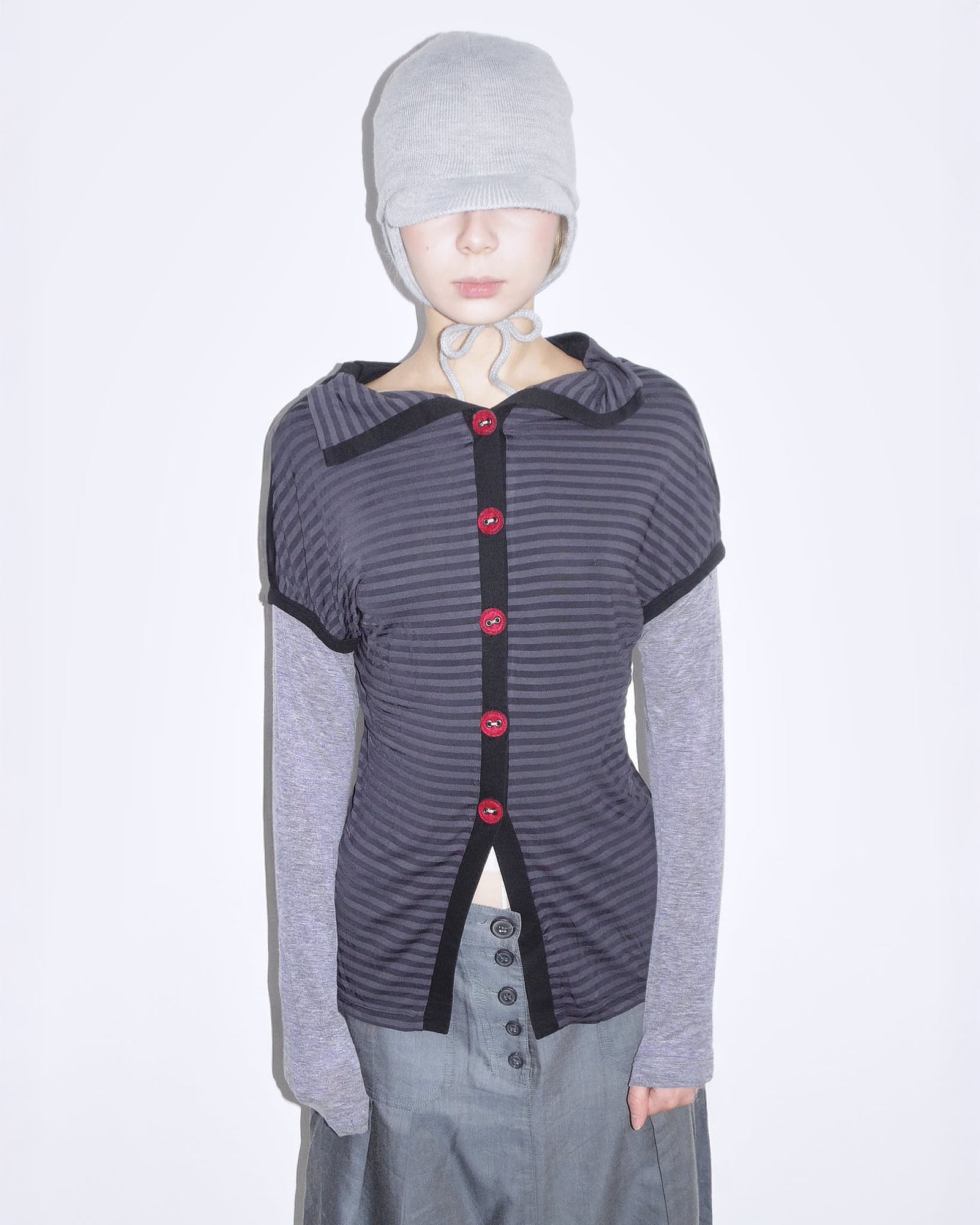 striped double layer button-up top