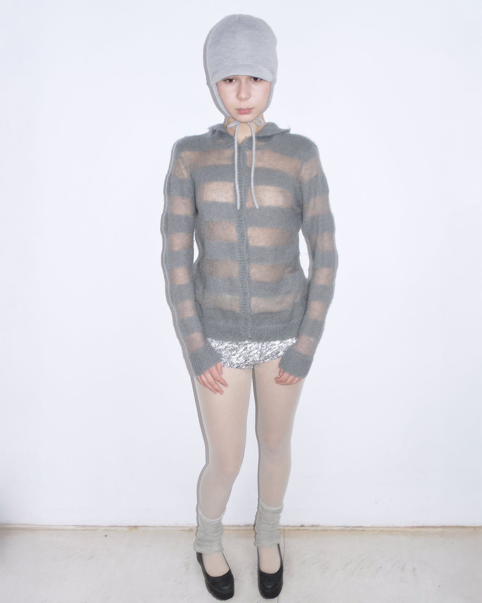 striped mohair see-through cardigan with hood