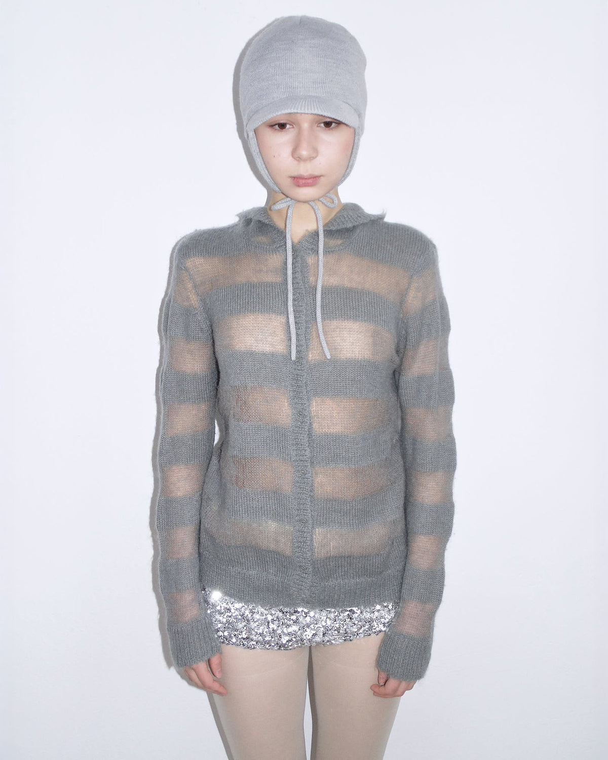 striped mohair see-through cardigan with hood