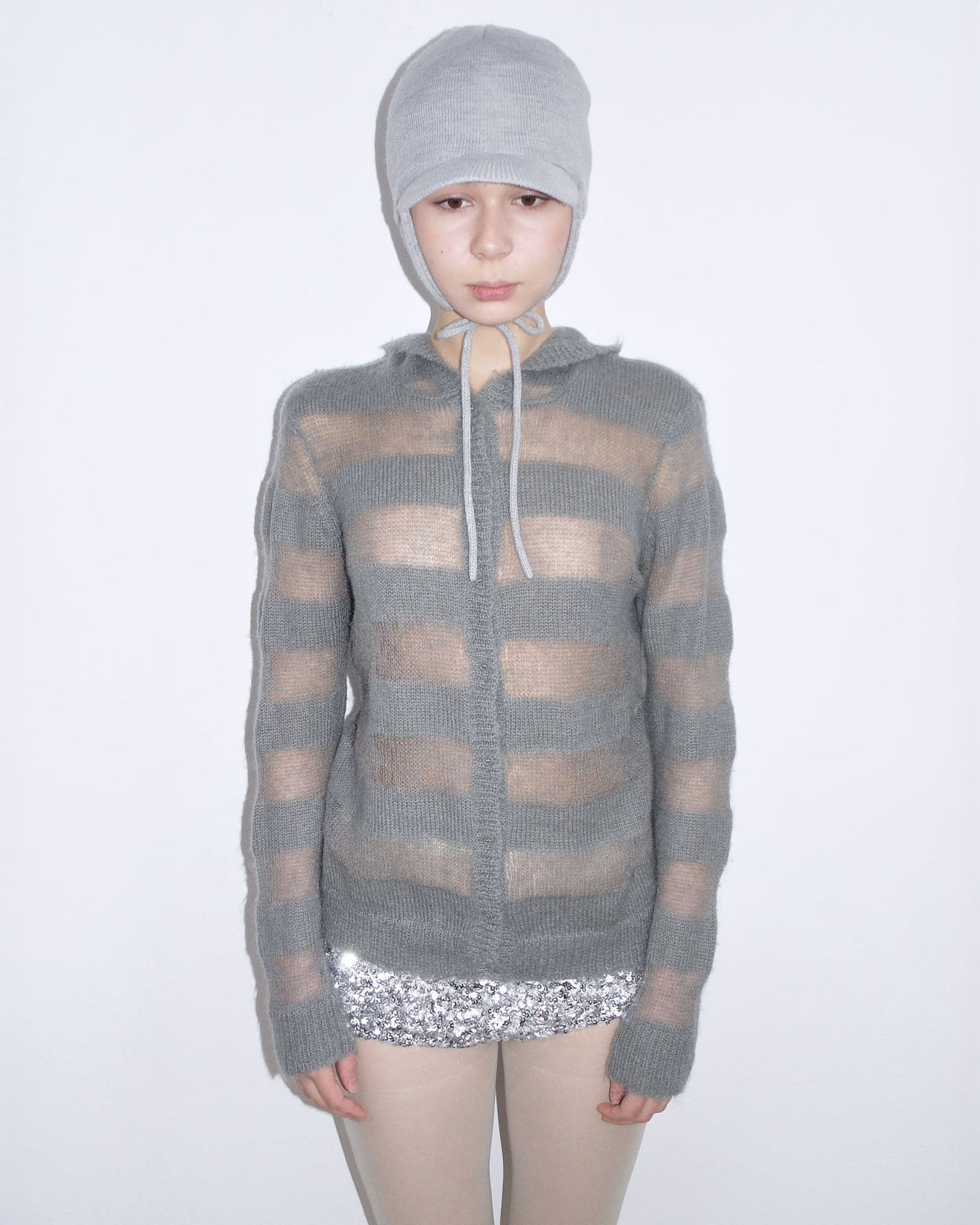 striped mohair see-through cardigan with hood