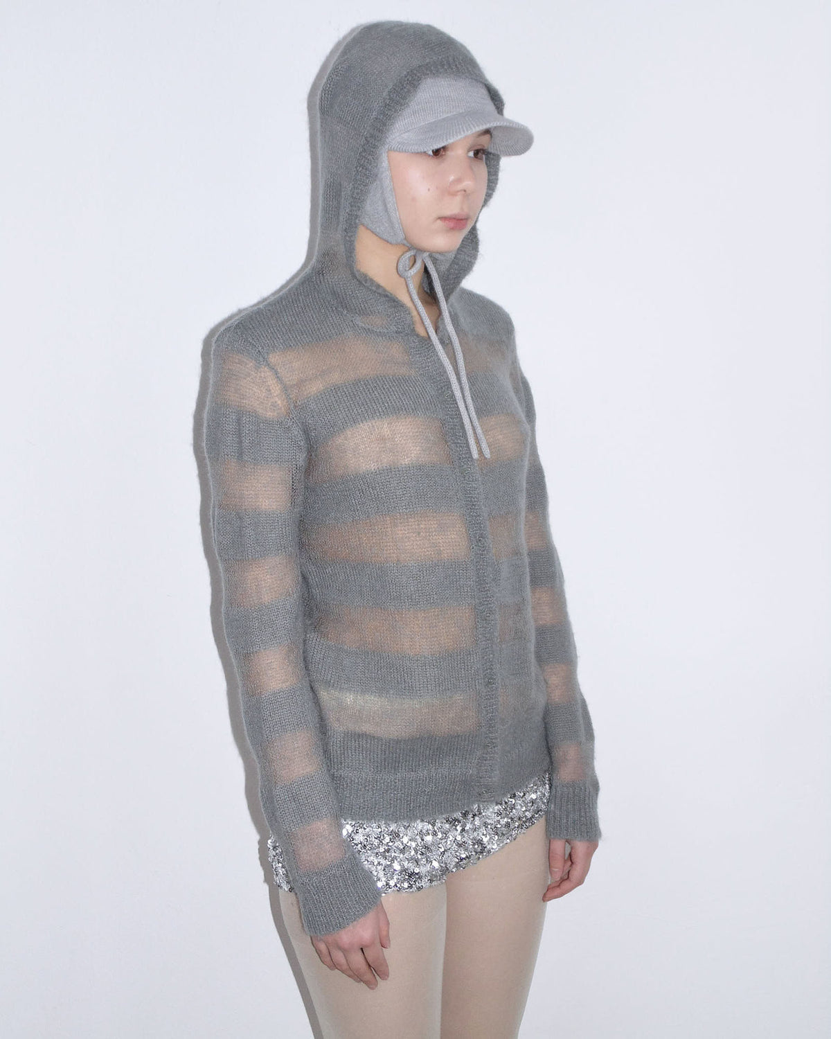 striped mohair see-through cardigan with hood