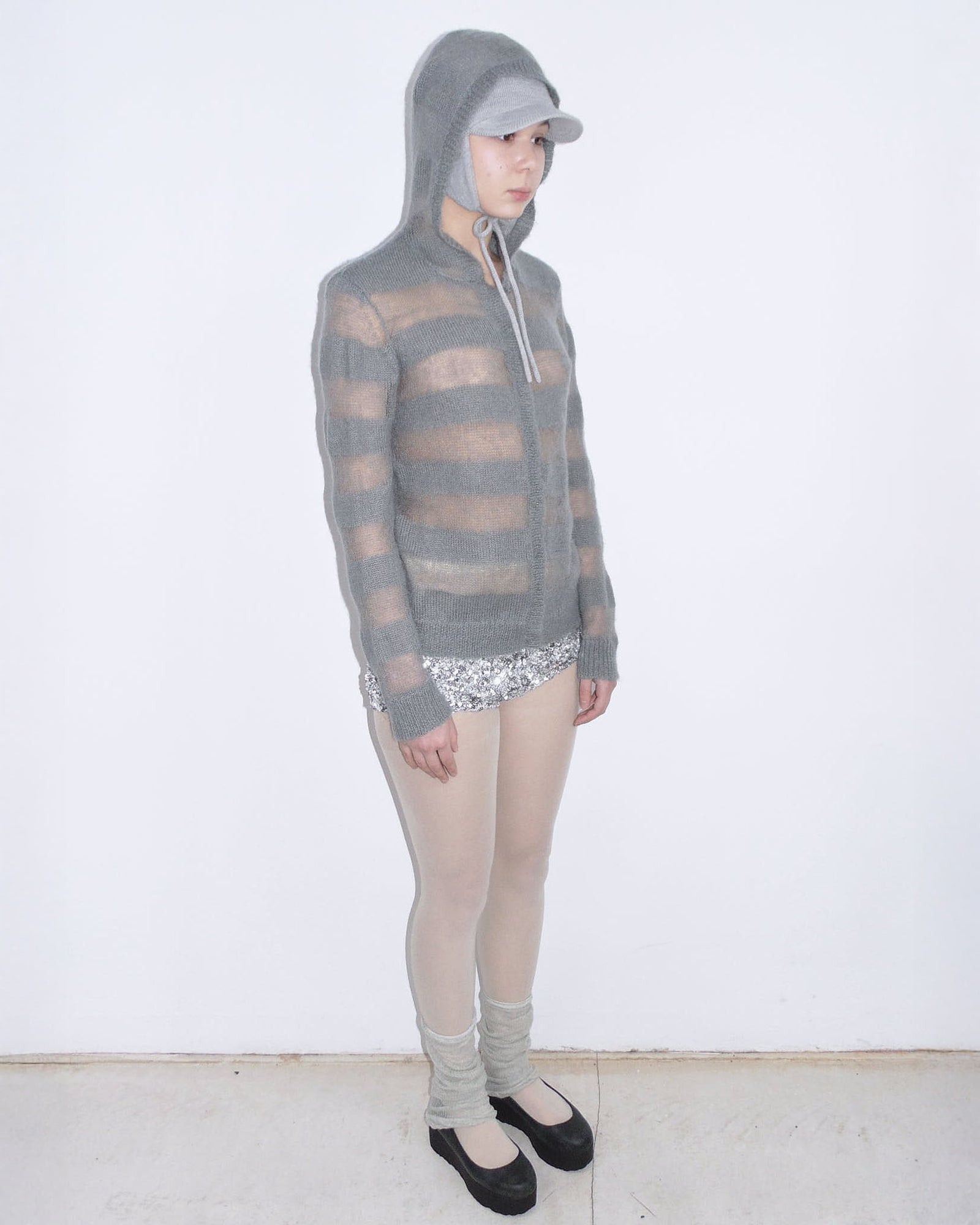striped mohair see-through cardigan with hood