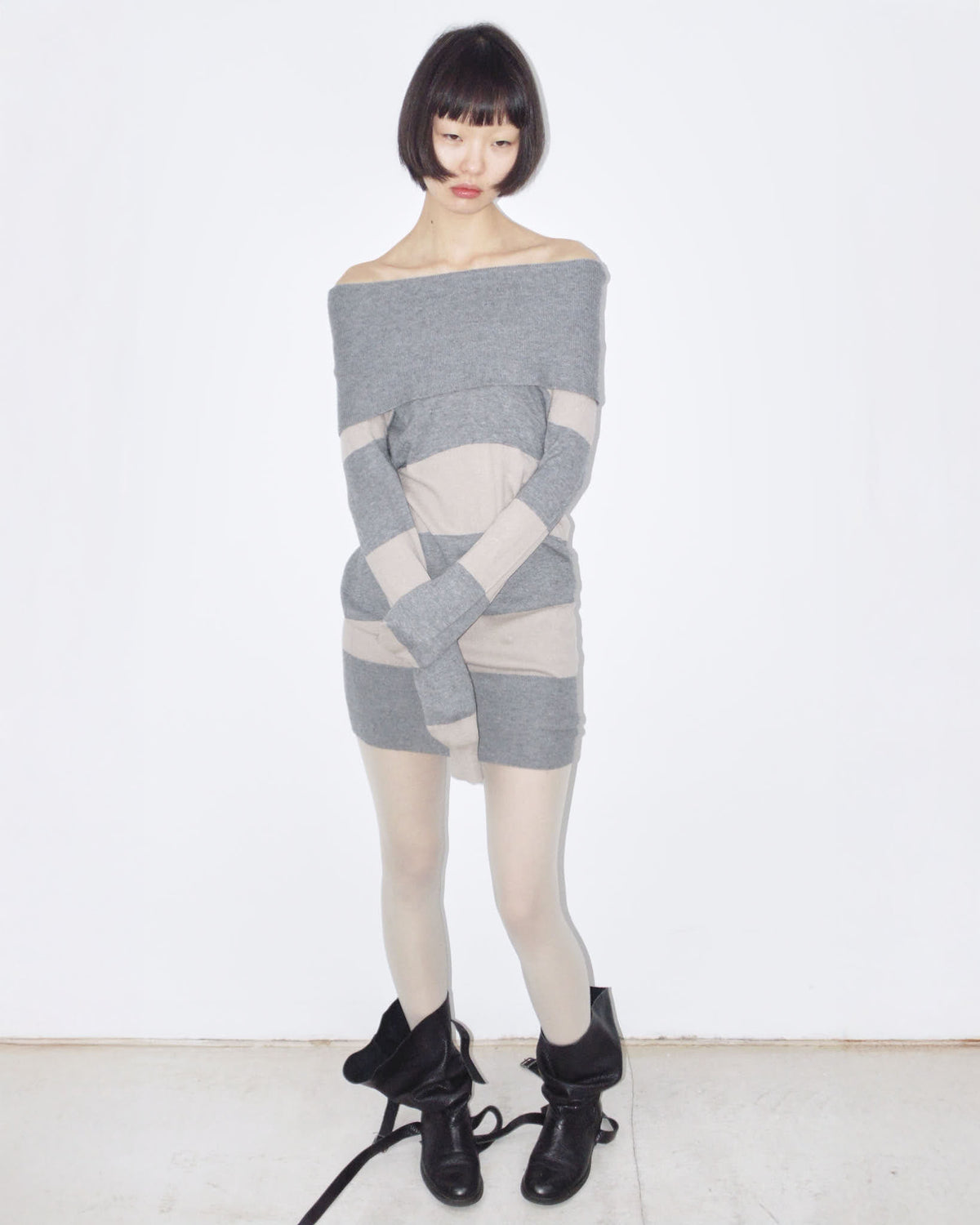 striped off-the-shoulder wool tee/mini dress