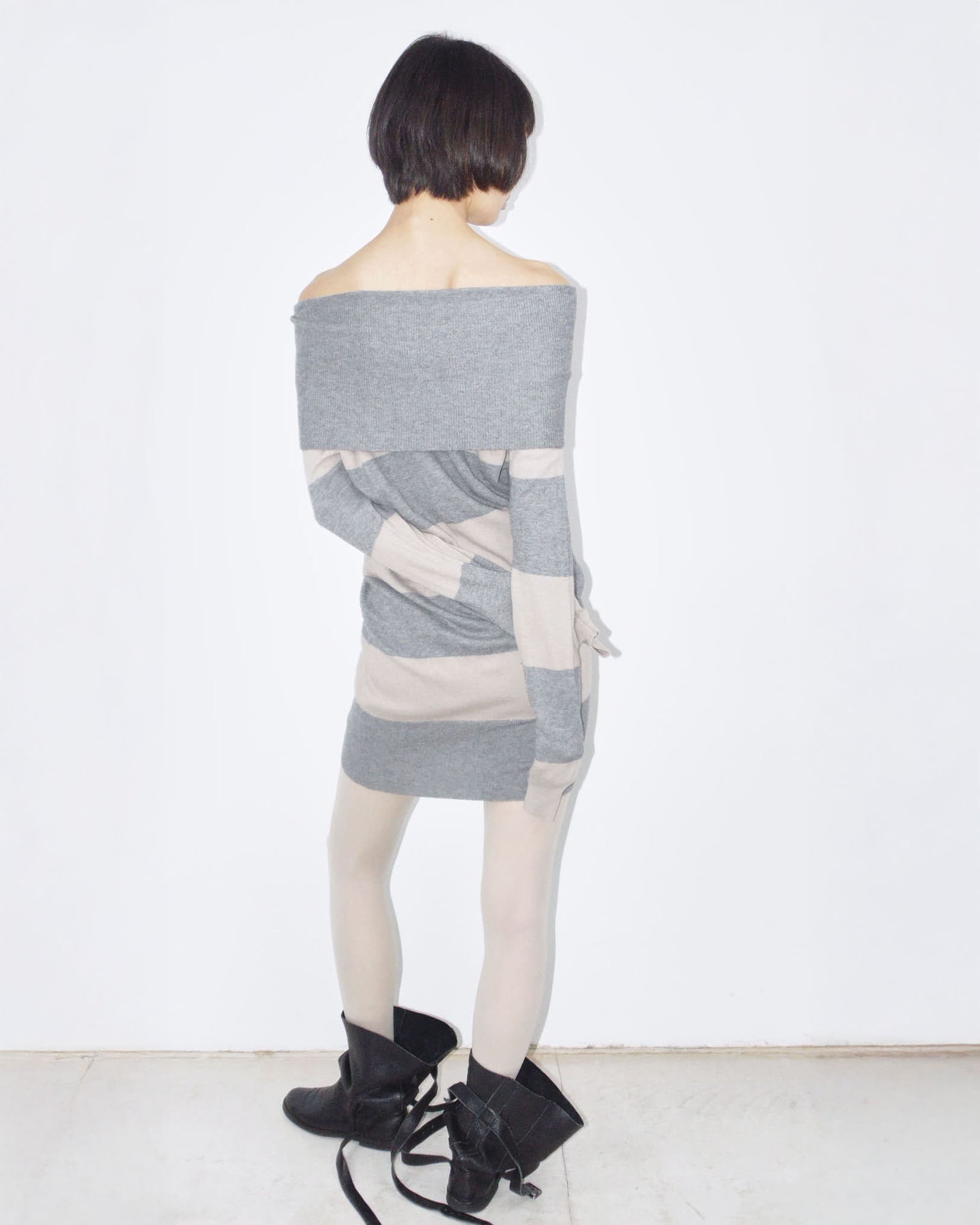 striped off-the-shoulder wool tee/mini dress