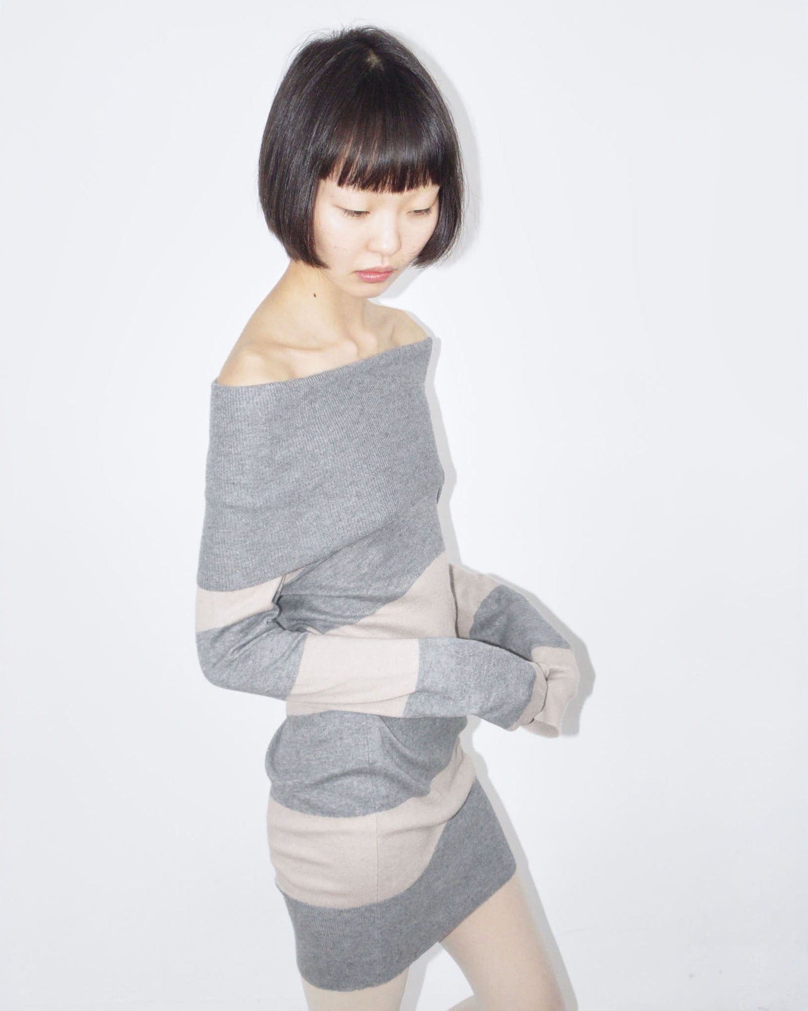 striped off-the-shoulder wool tee/mini dress