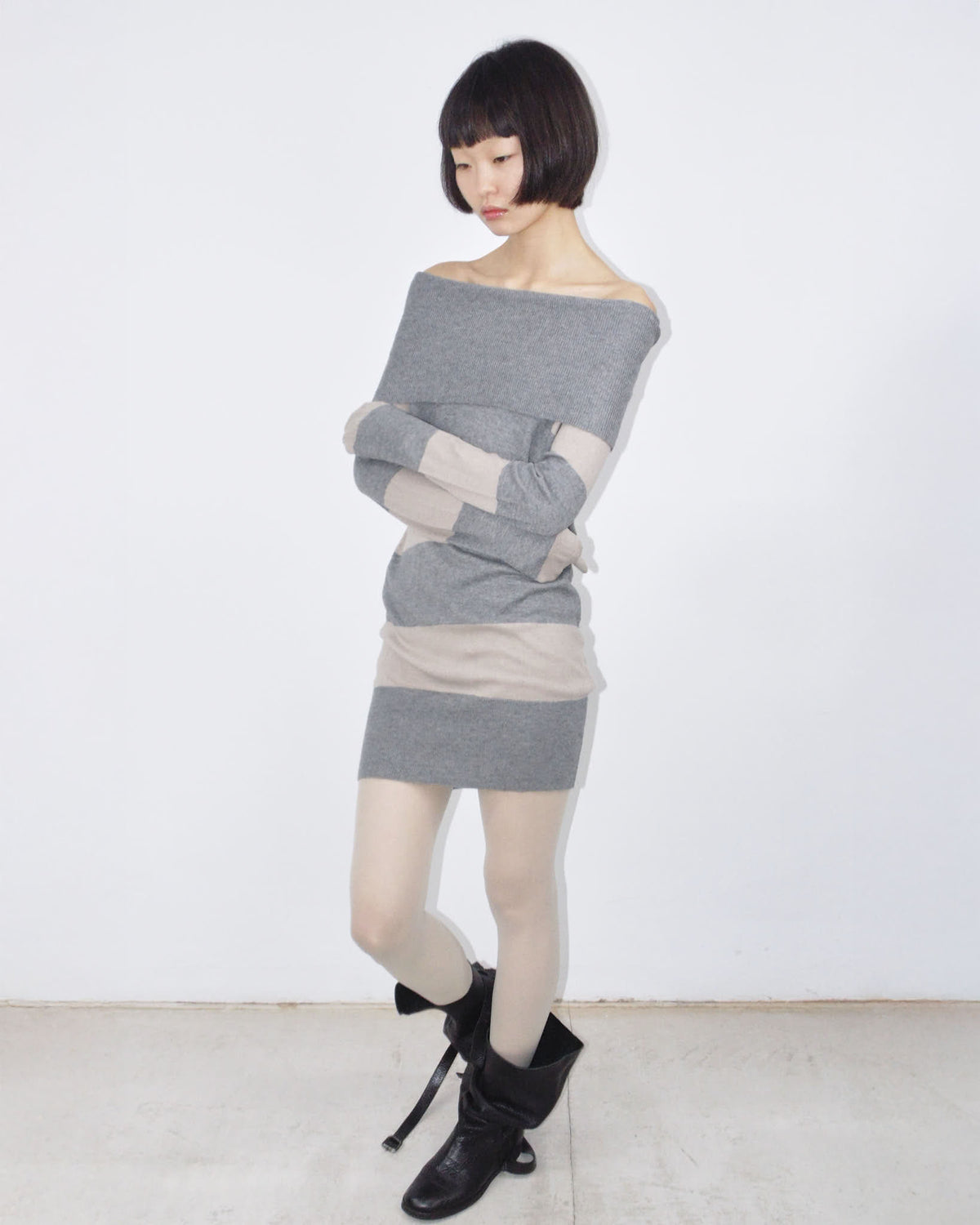striped off-the-shoulder wool tee/mini dress
