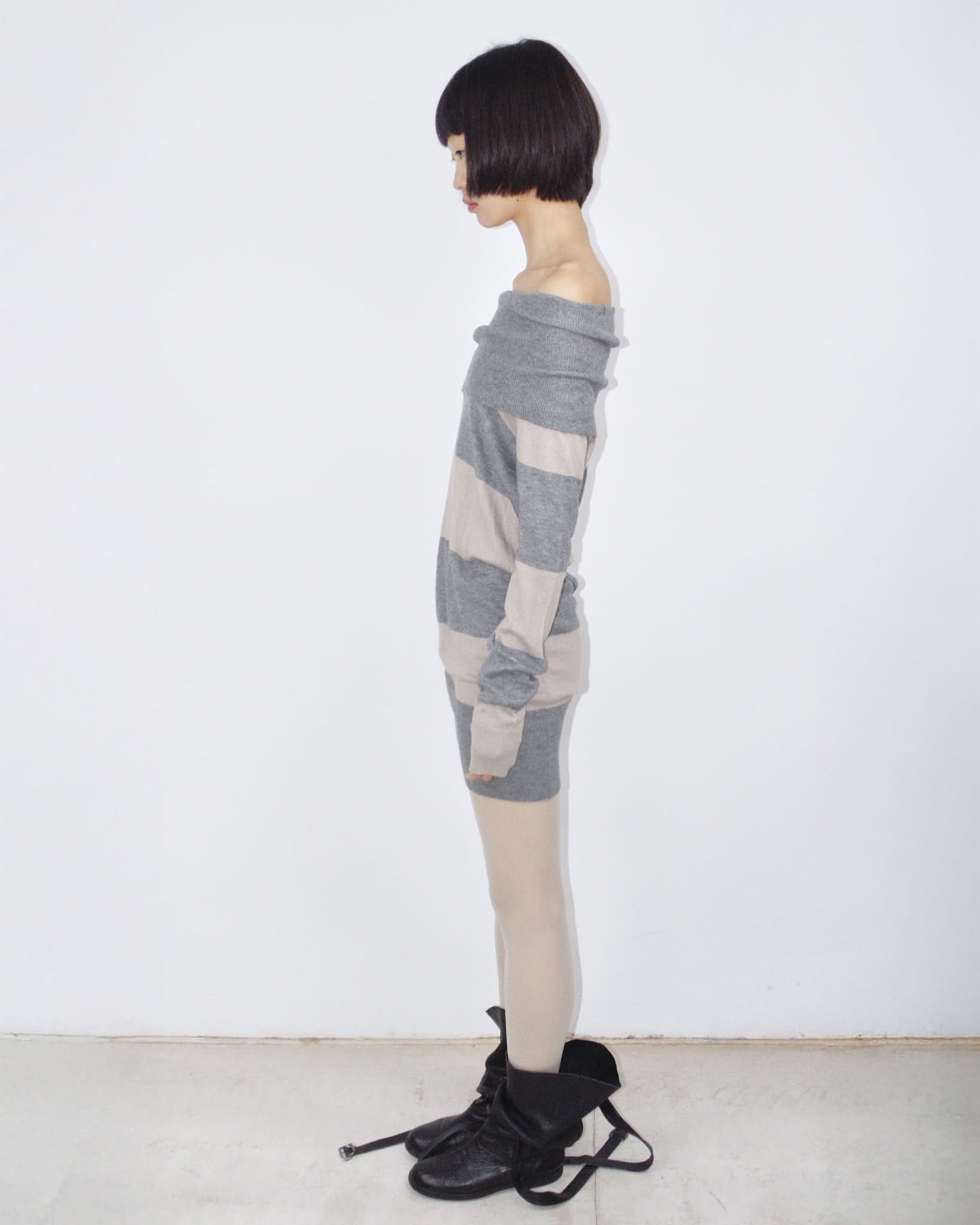 striped off-the-shoulder wool tee/mini dress