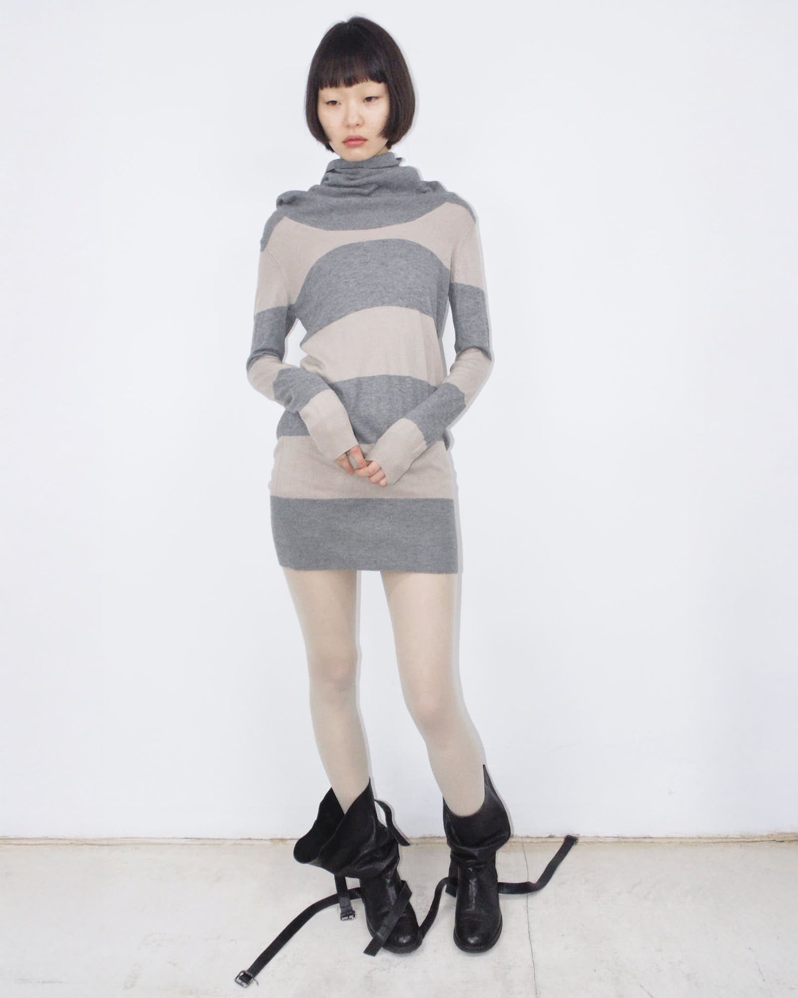 striped off-the-shoulder wool tee/mini dress