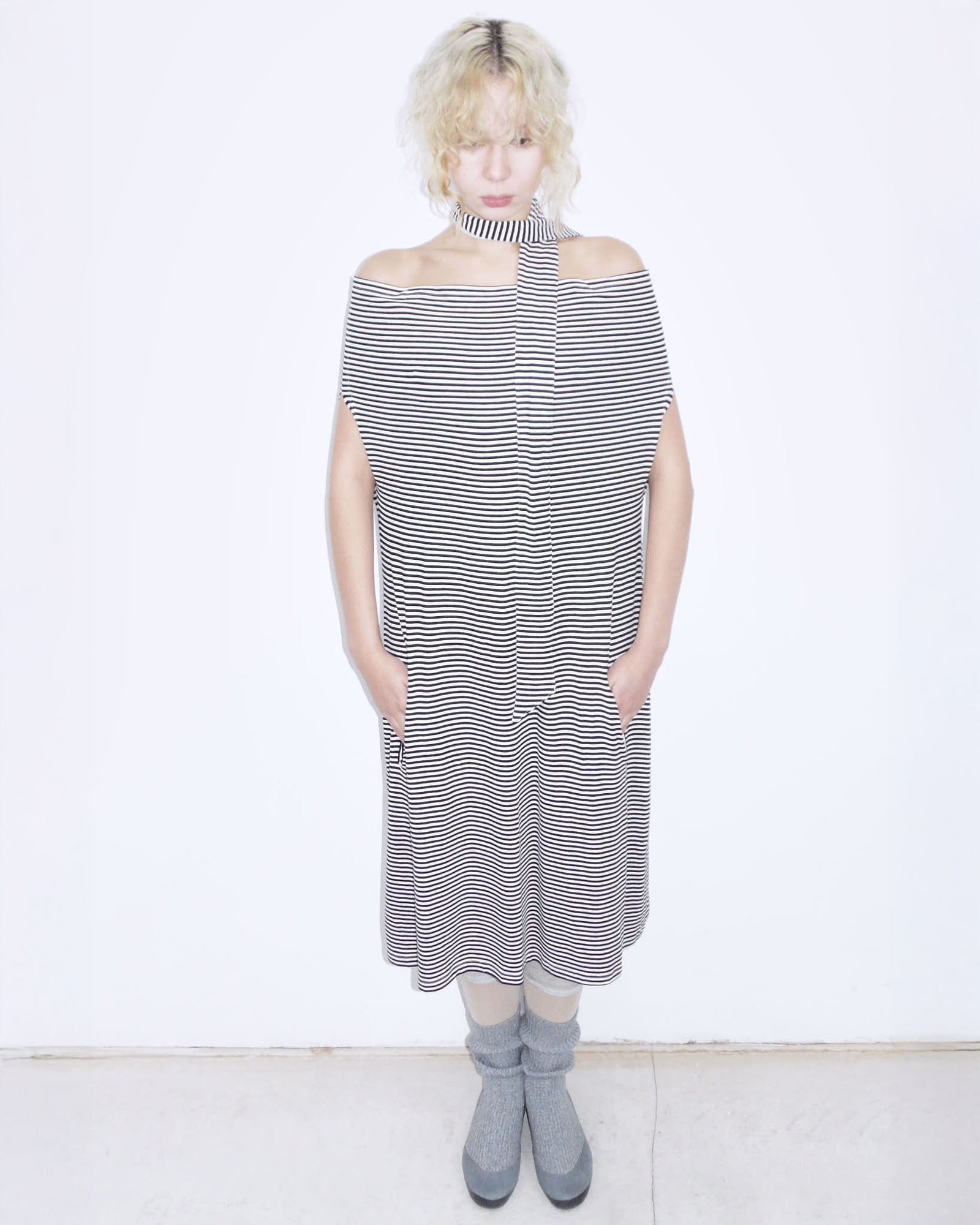 striped off-the-shoulder oversized midi dress