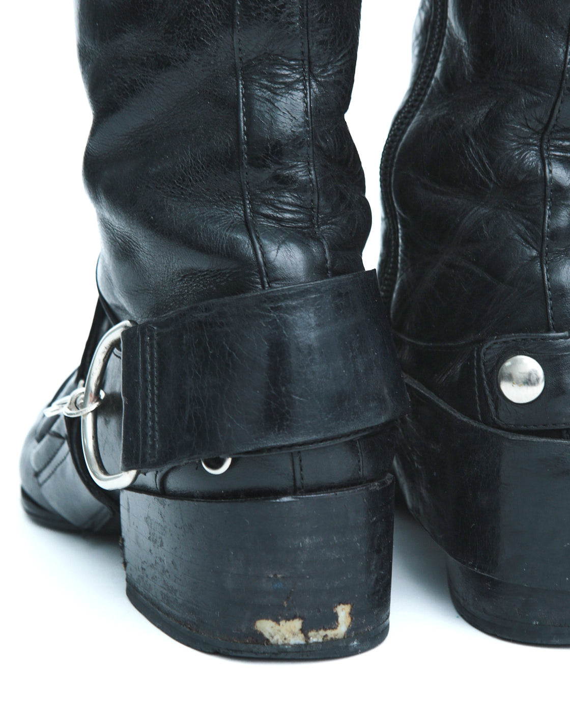 black leather harness boots