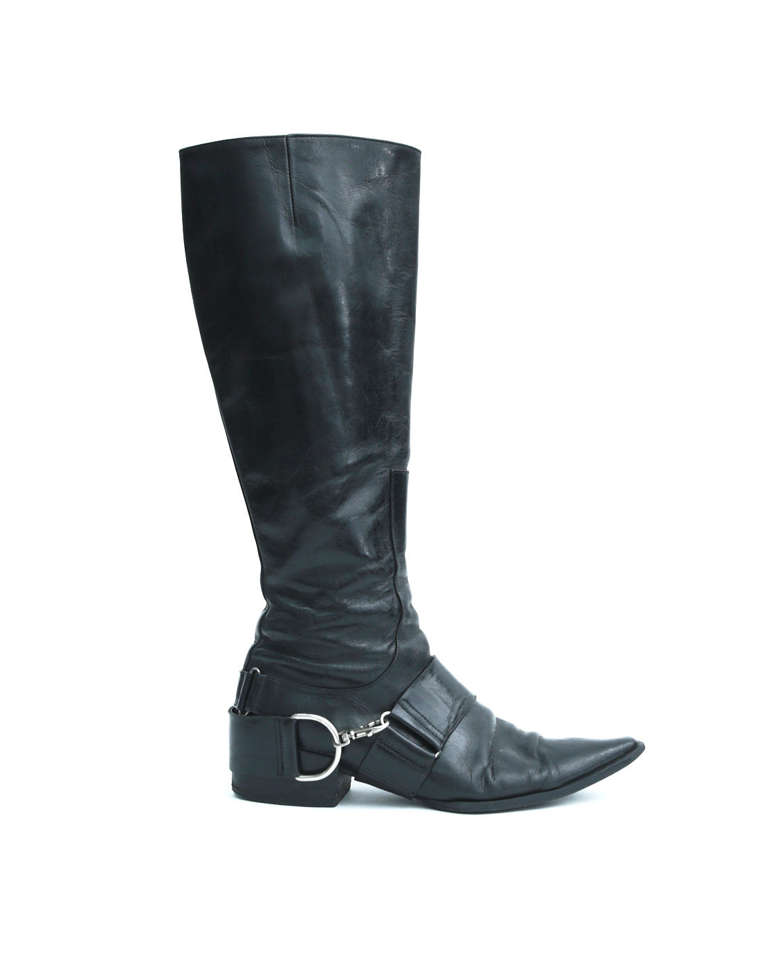 black leather harness boots