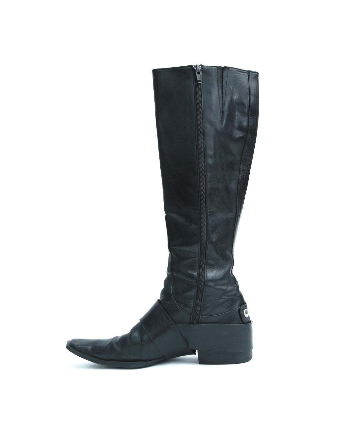 black leather harness boots