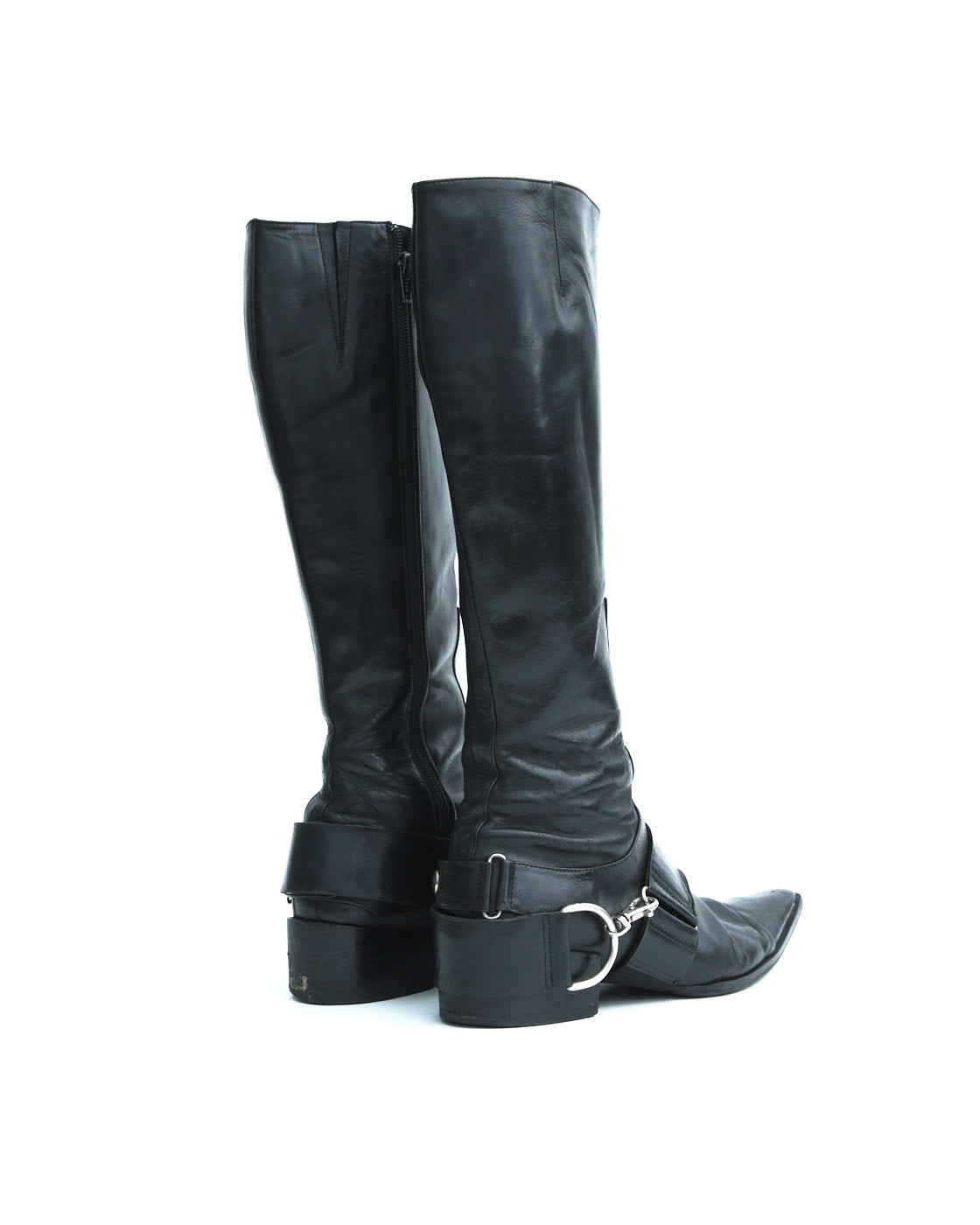 black leather harness boots