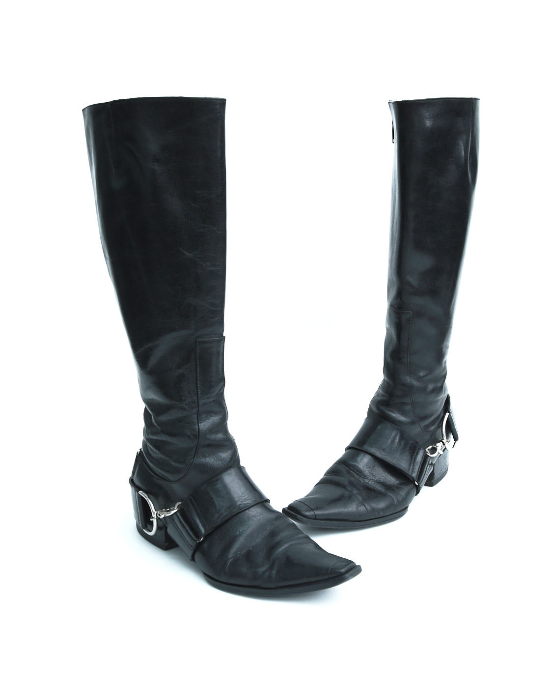 black leather harness boots