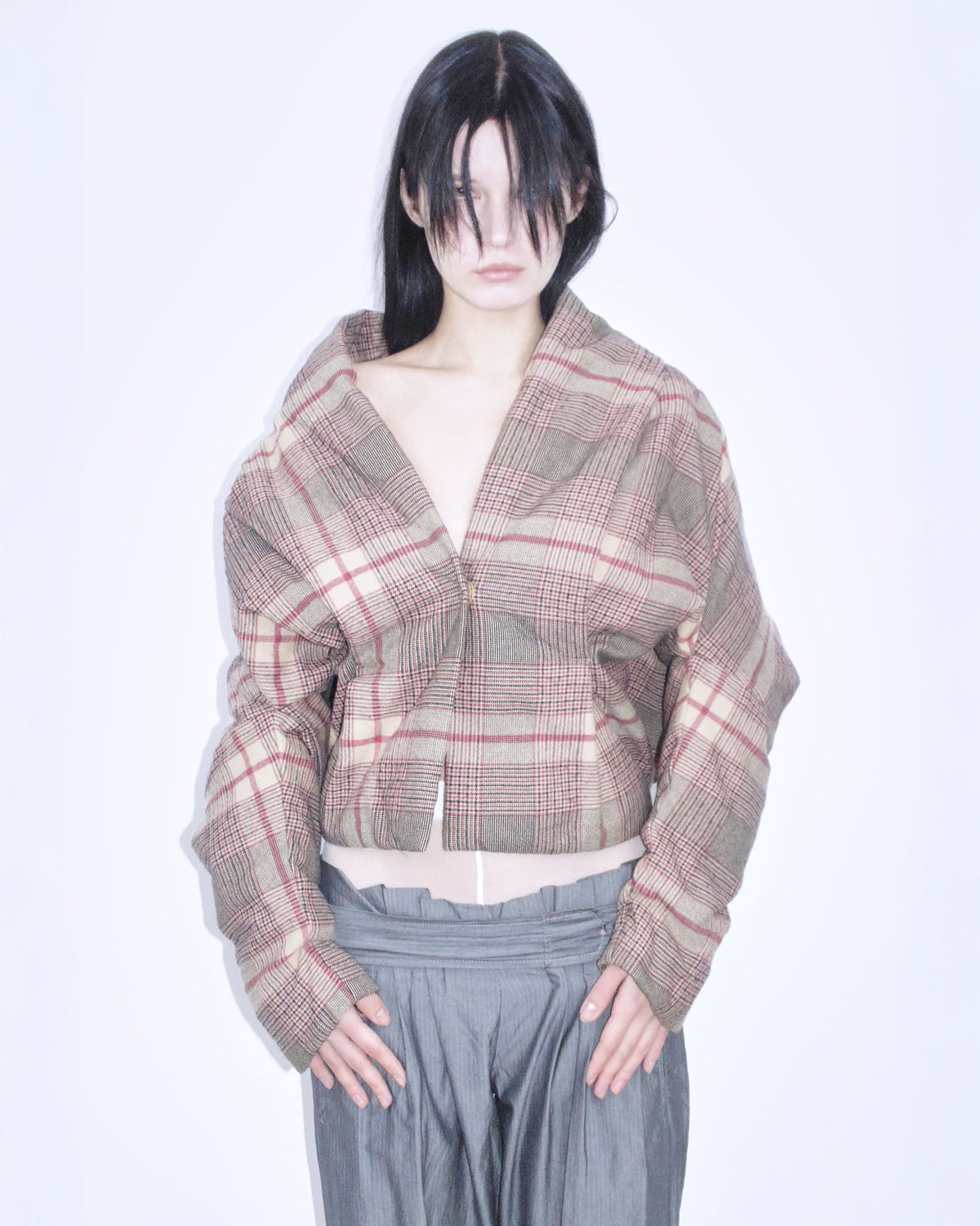 wool oversized warm colored plaid puffer coat