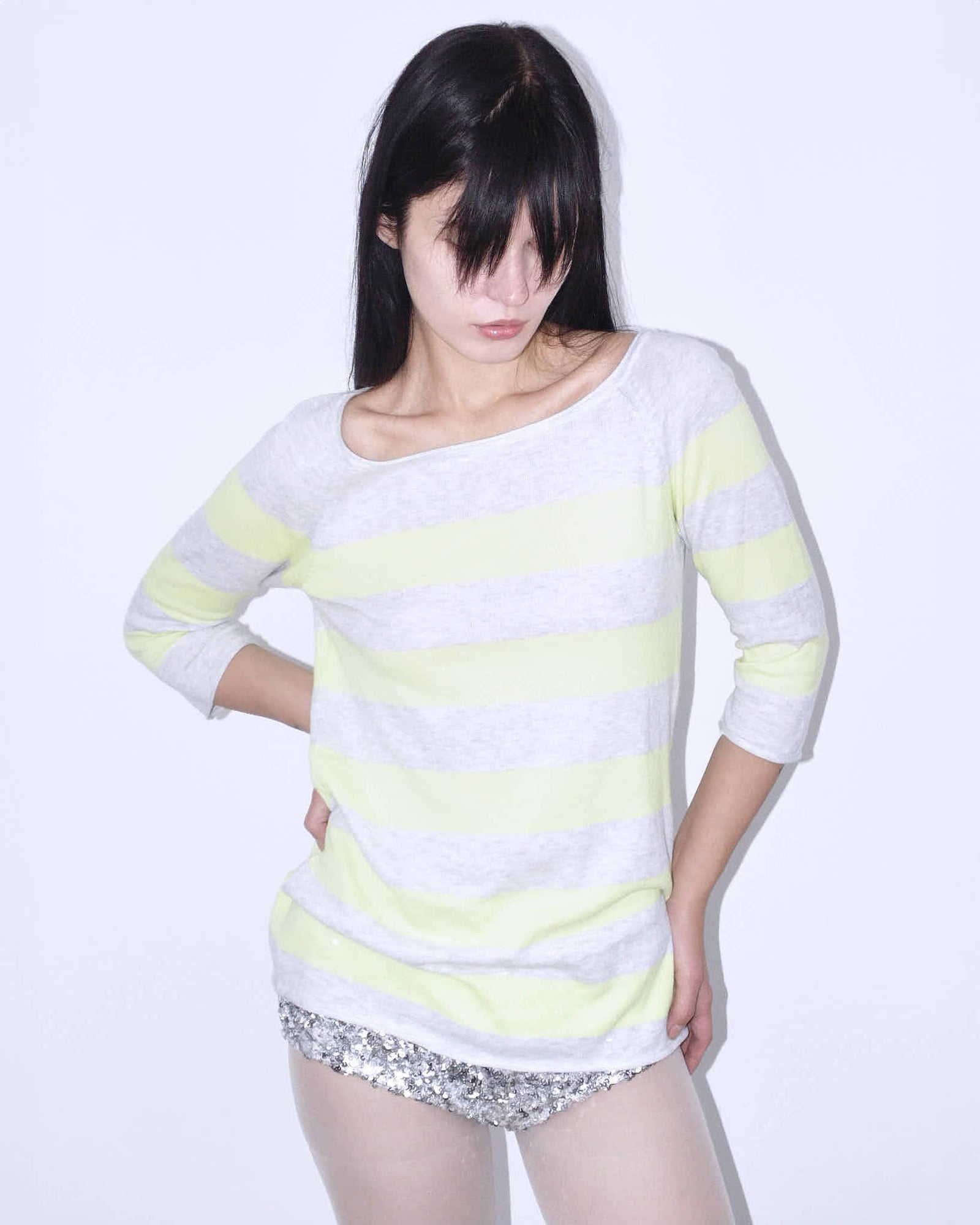 yellow & gray striped top