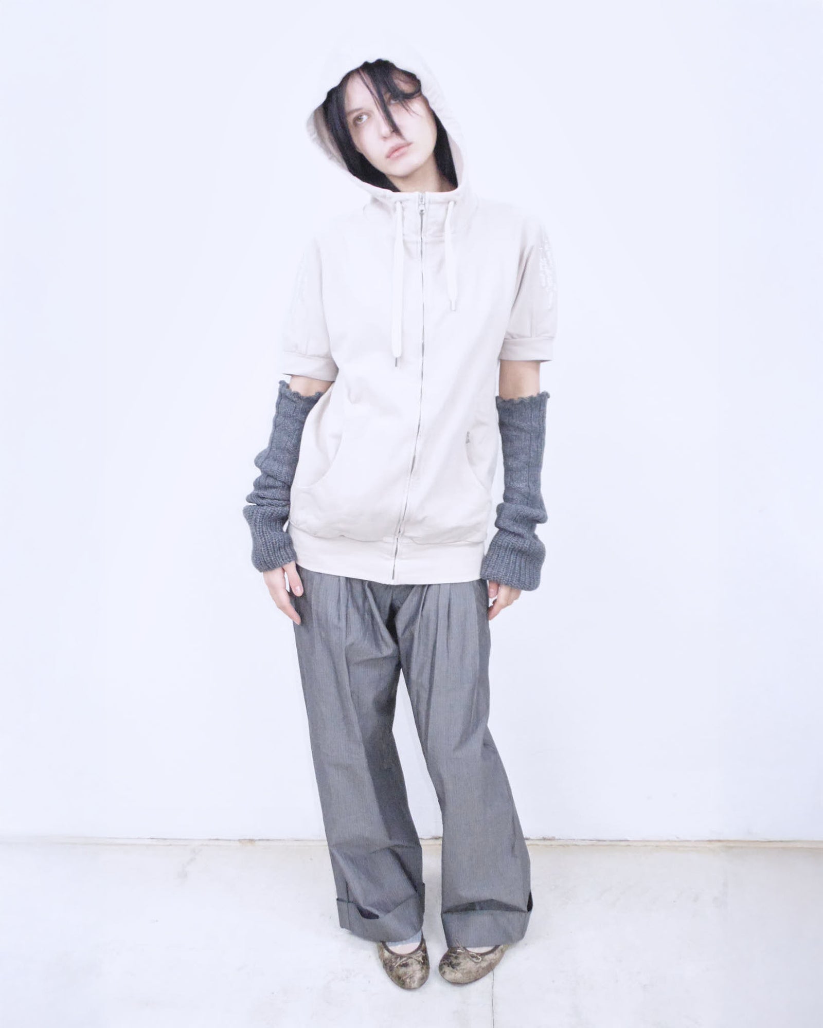 zipper hooded oversized top with transparent sequins