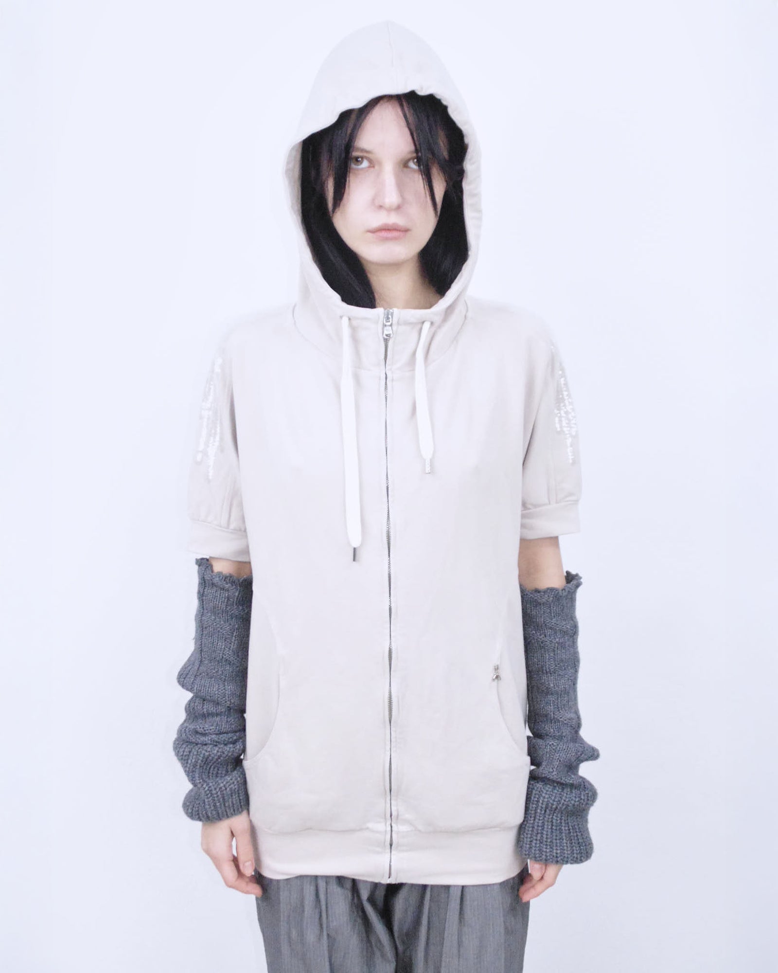 zipper hooded oversized top with transparent sequins