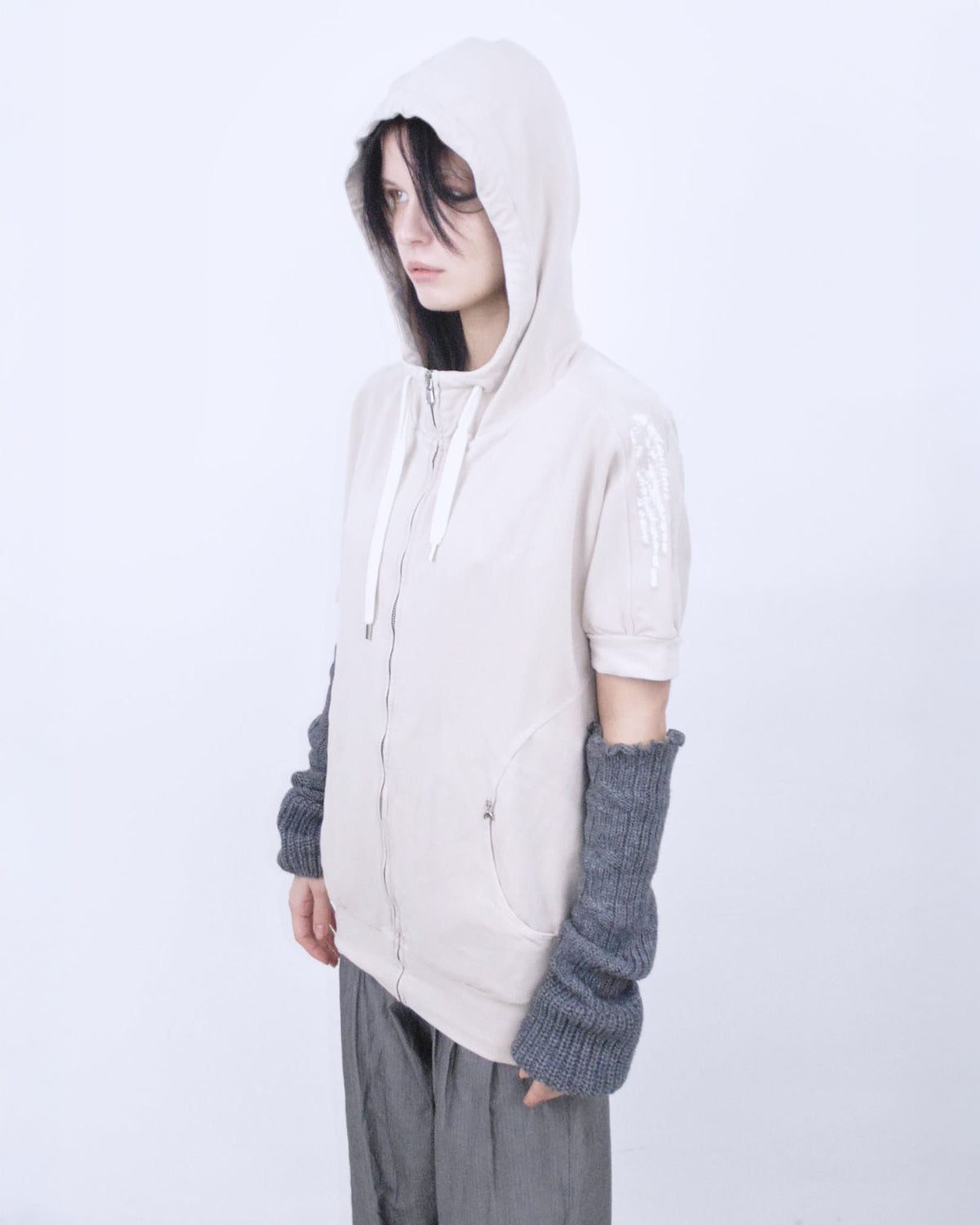 zipper hooded oversized top with transparent sequins