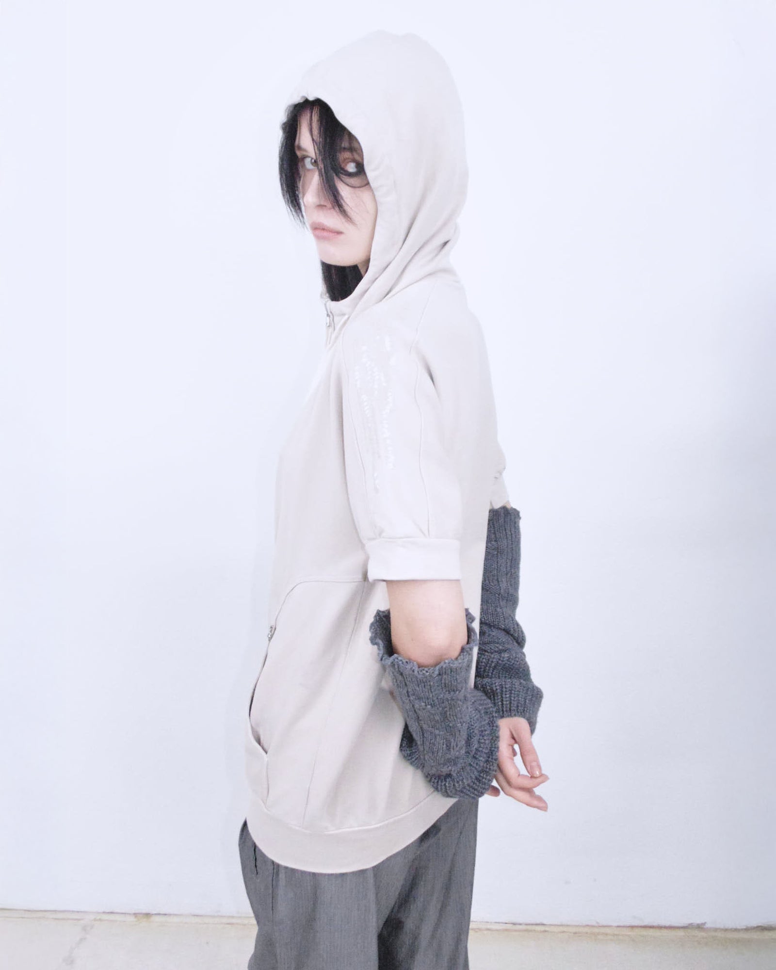 zipper hooded oversized top with transparent sequins
