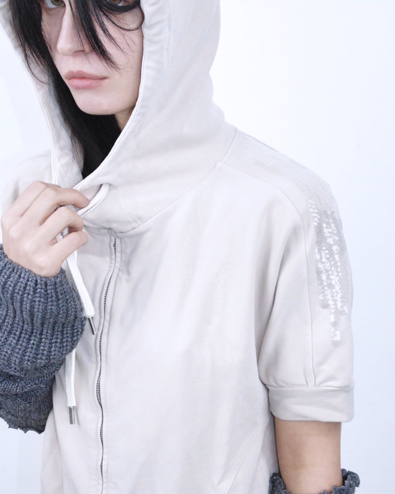 zipper hooded oversized top with transparent sequins