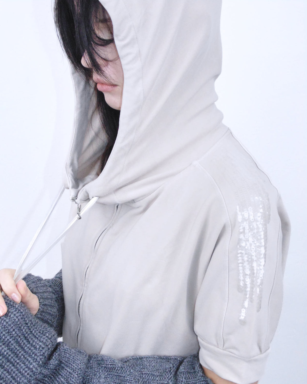 zipper hooded oversized top with transparent sequins
