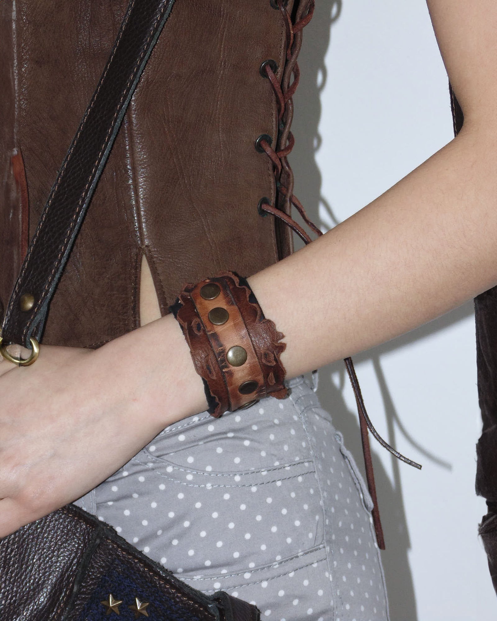 black and brown leather studded cuff