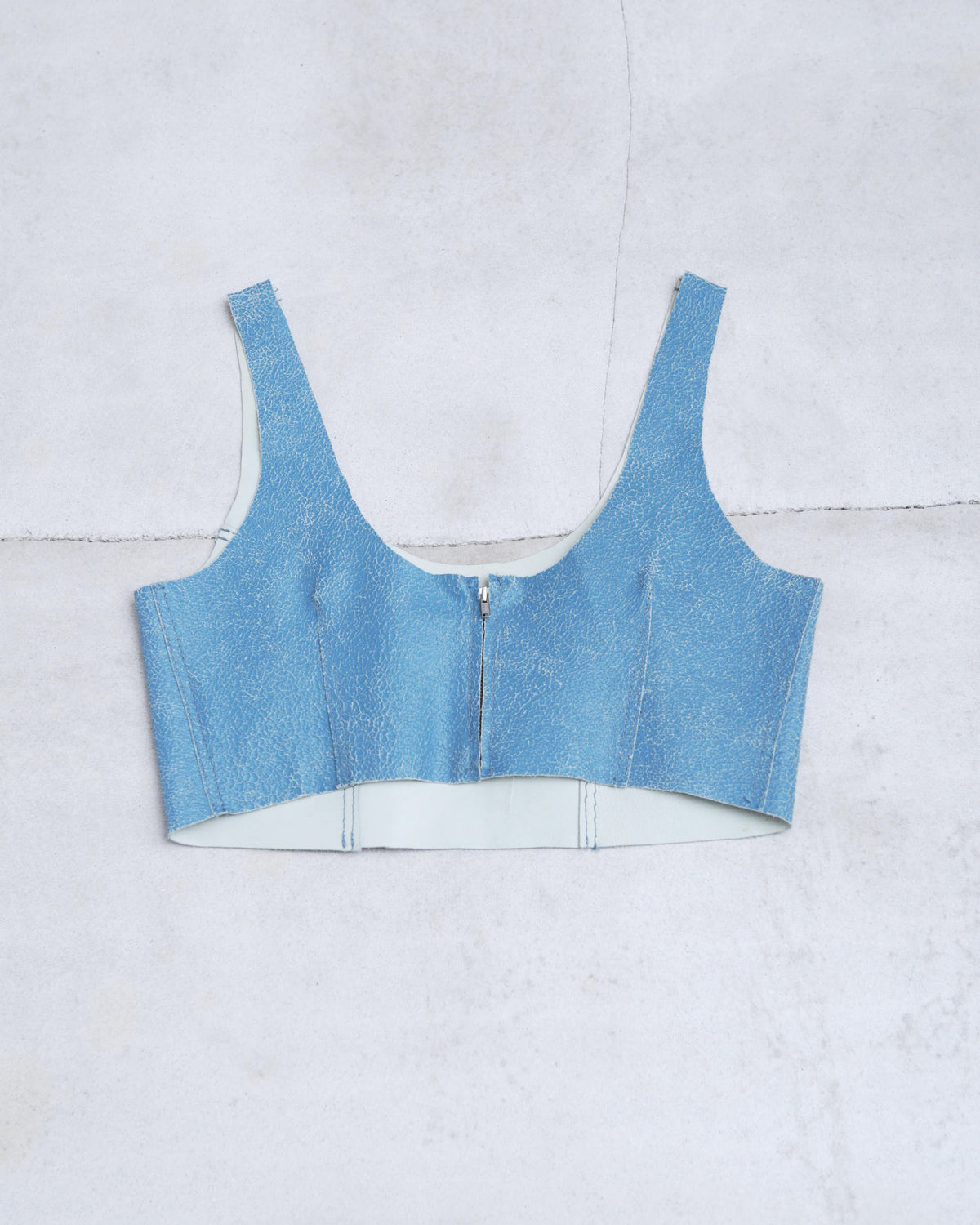 distressed leather blue cropped top